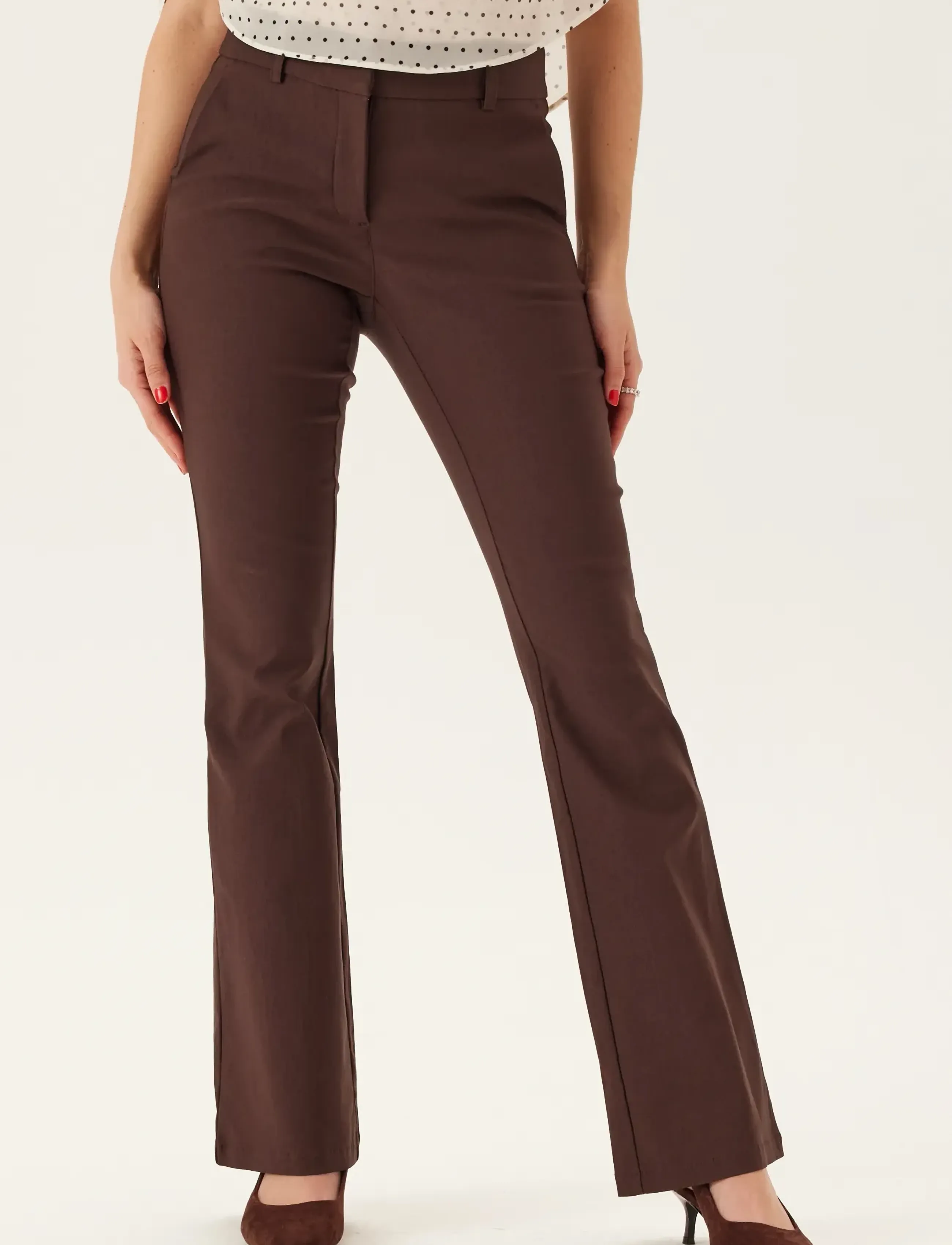 Bubbleroom Mid Waist Stretchy Flared Trousers, 38 x 84, Brown, Bukser > Flared, Dame