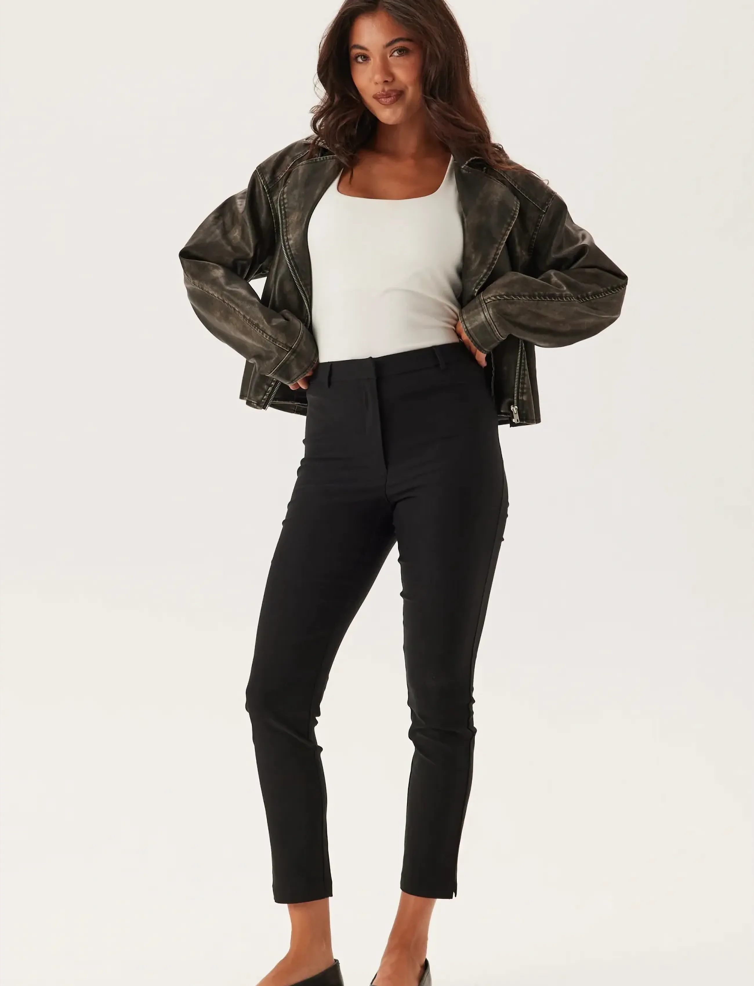 Bubbleroom - High Waist Stretchy Cropped Slit Trousers - slim fit bukser - black - 3