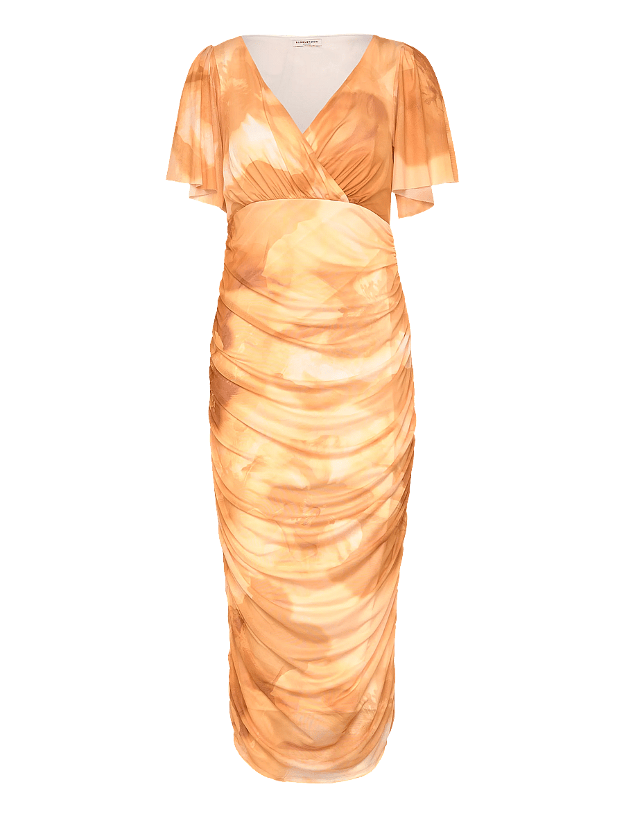 Bubbleroom - Butterfly Sleeve Mesh Ankle Dress - evening dresses - yellow/floral - 1