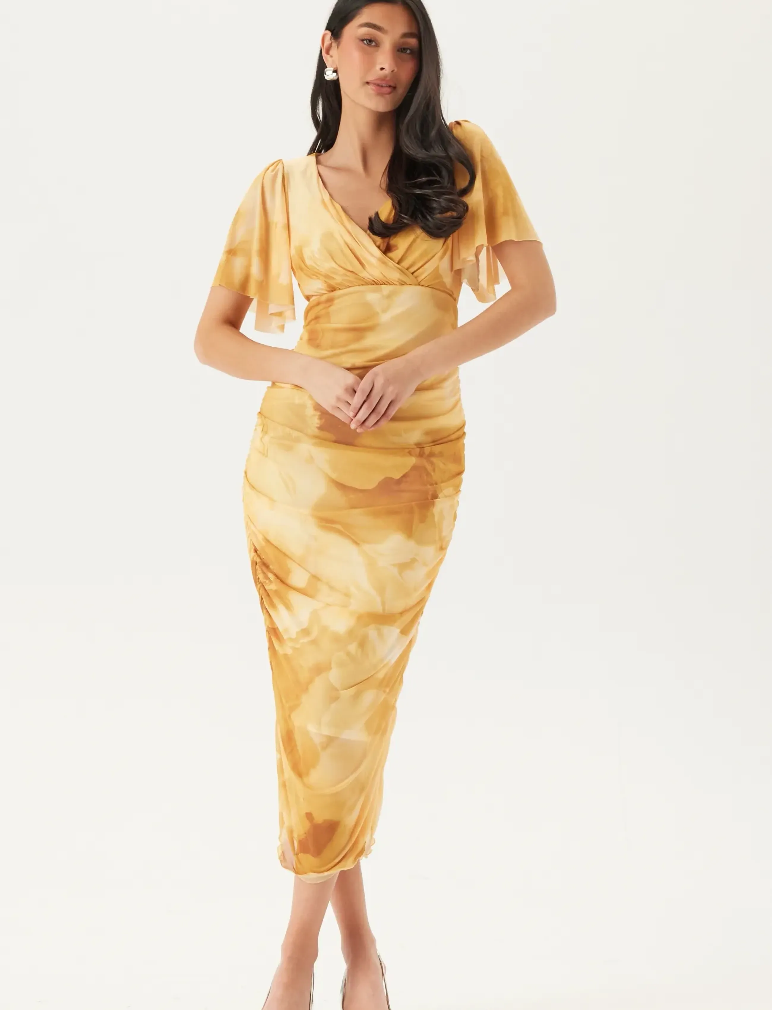 Bubbleroom Butterfly Sleeve Mesh Ankle Dress, Kvinder, Sommerfugleærme Mesh Ankellang Kjole, Gul, Str: XS