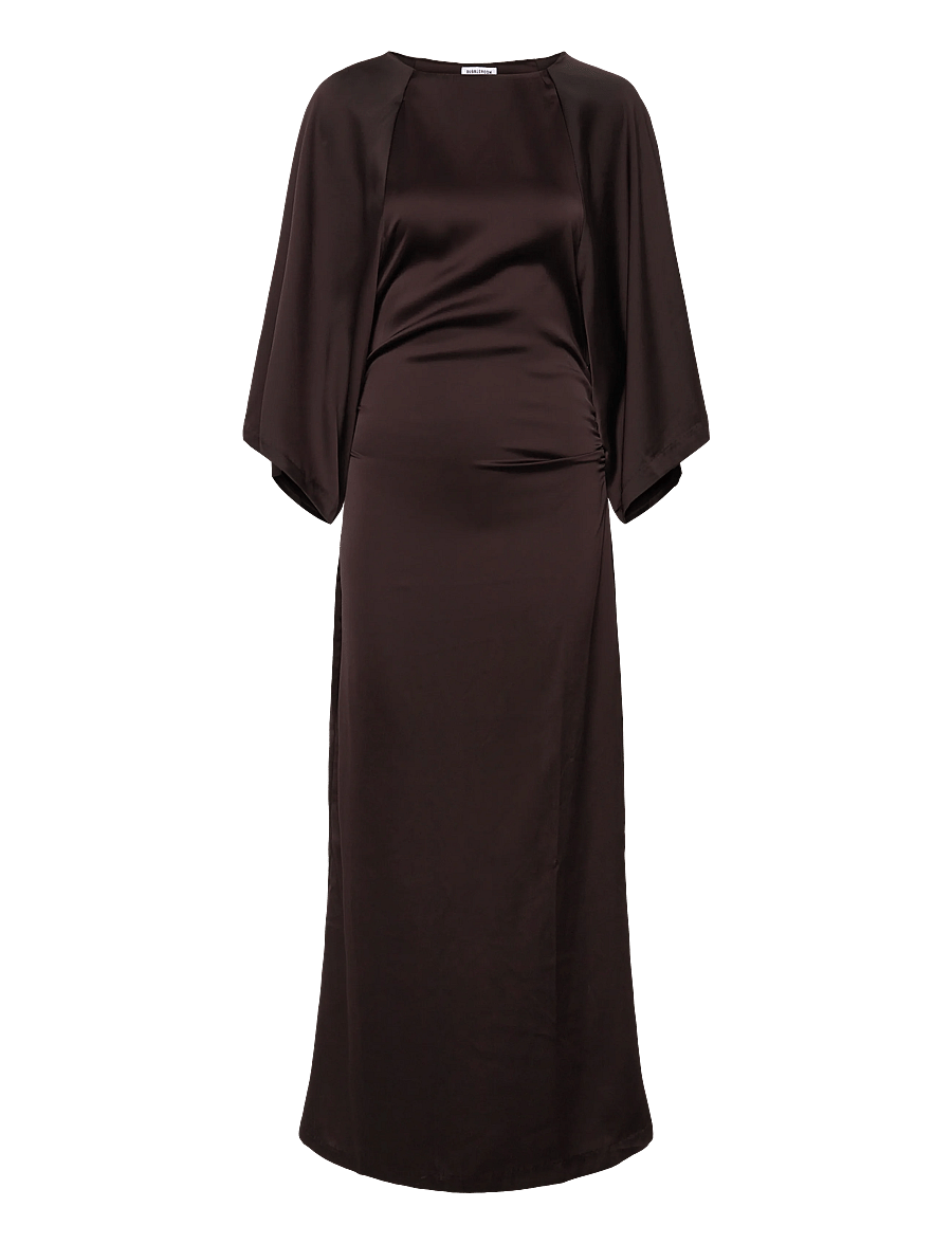 Bubbleroom - Wide Sleeve Satin Ankle Dress - dark brown - 1