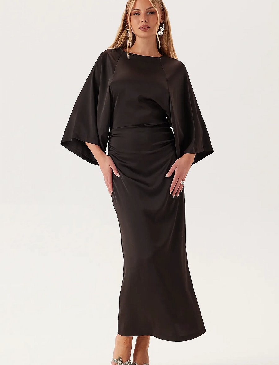 Bubbleroom - Wide Sleeve Satin Ankle Dress - dark brown - 0