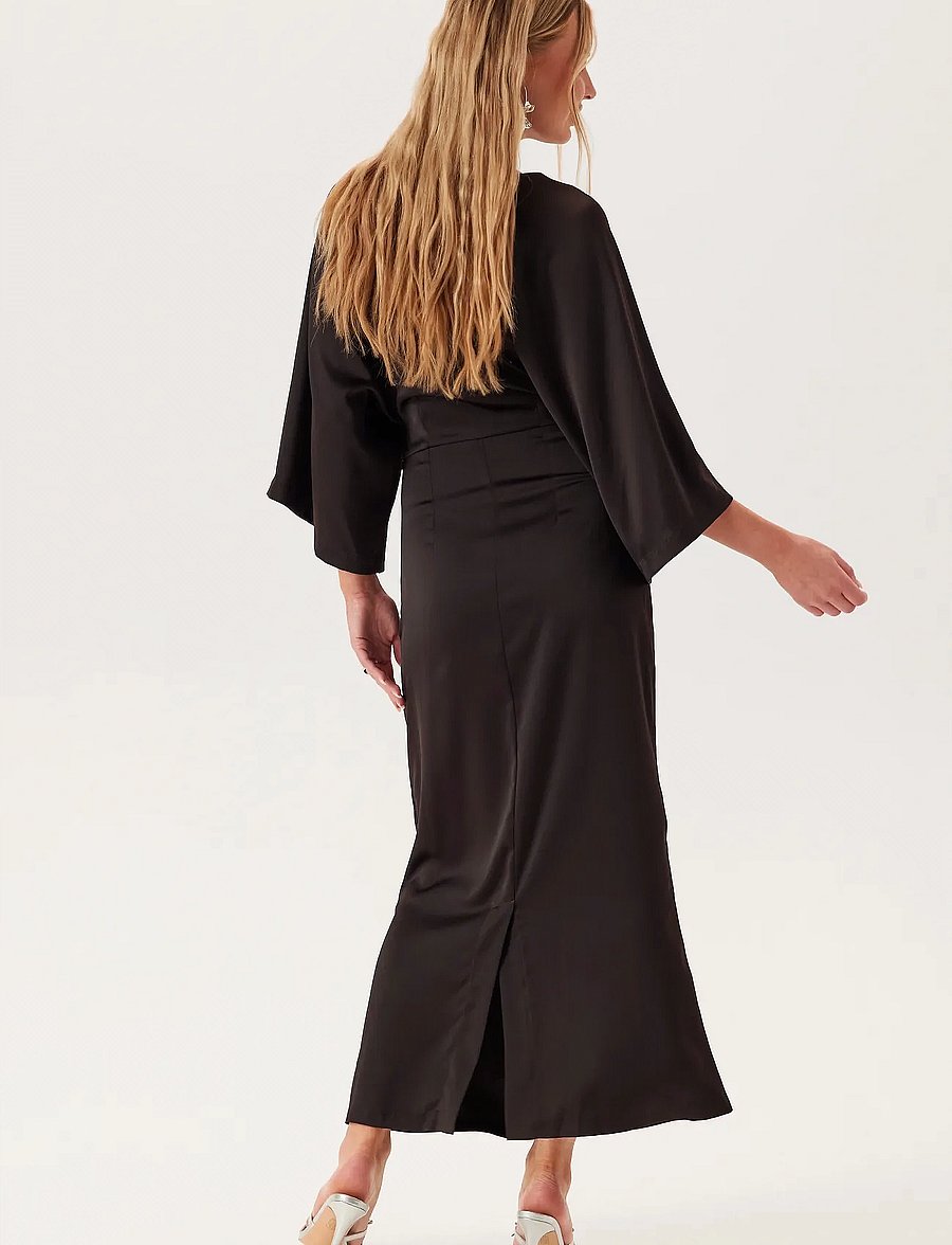 Bubbleroom - Wide Sleeve Satin Ankle Dress - dark brown - 3
