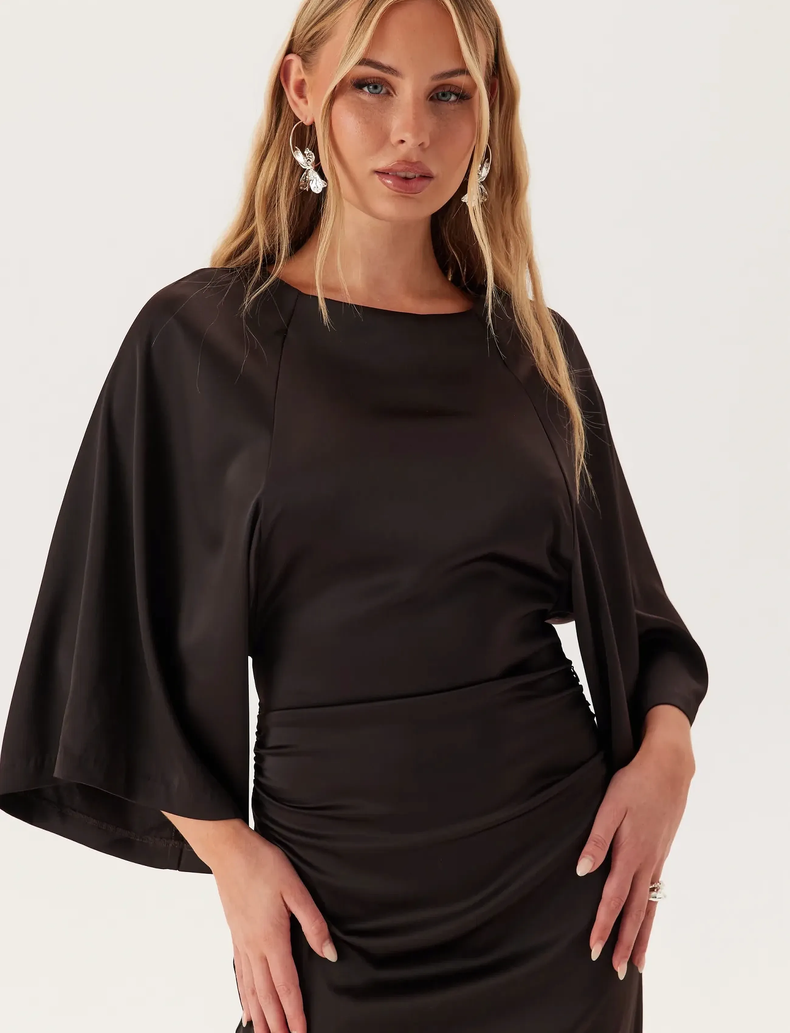 Bubbleroom - Wide Sleeve Satin Ankle Dress - dark brown - 4