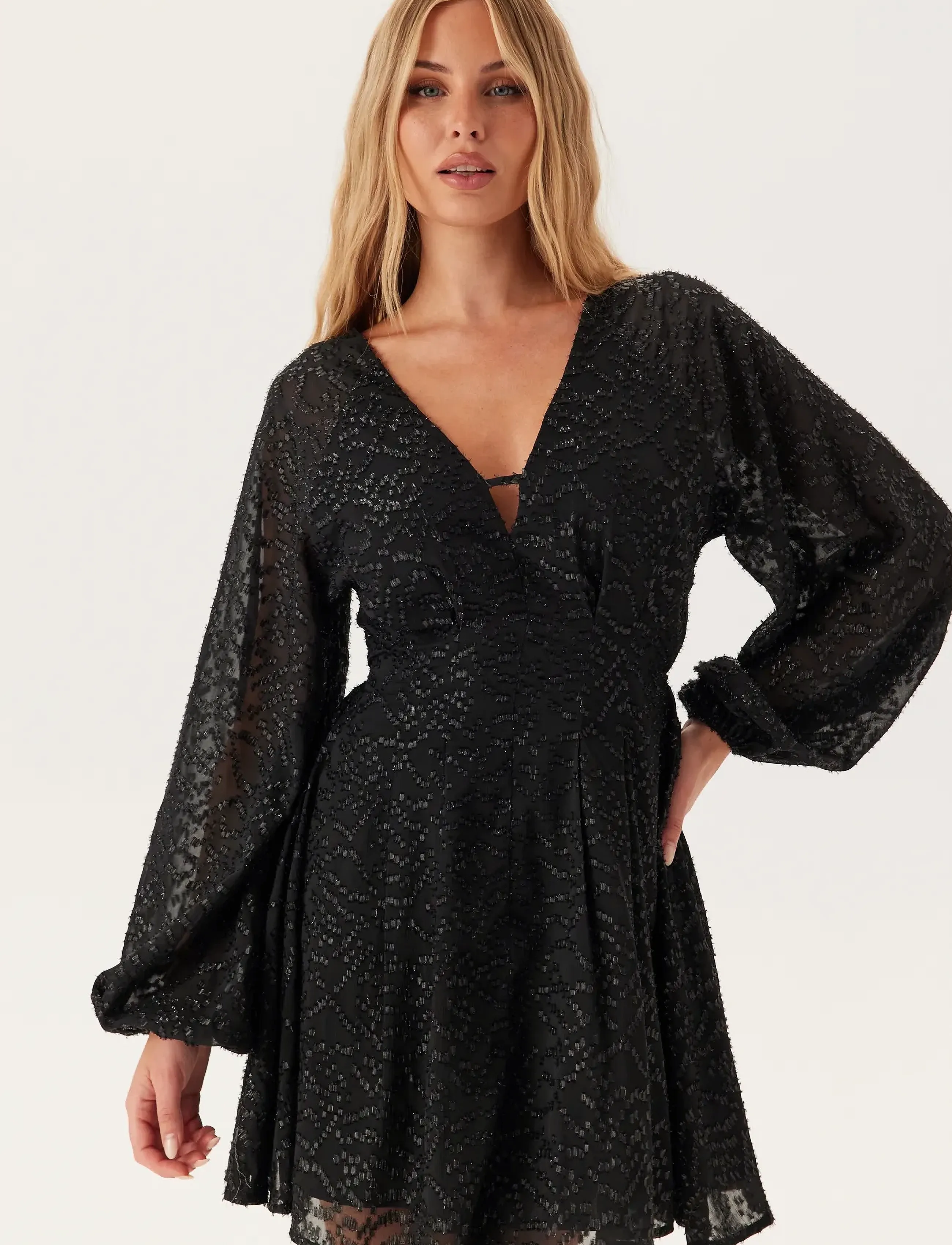 Bubbleroom - 3D Sparkling Raglan Sleeve Short Dress - black - 3