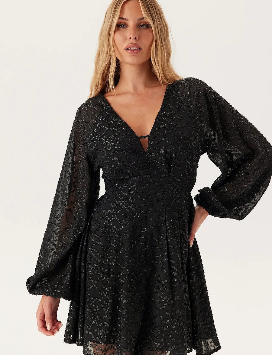 Bubbleroom - 3D Sparkling Raglan Sleeve Short Dress - black - 3