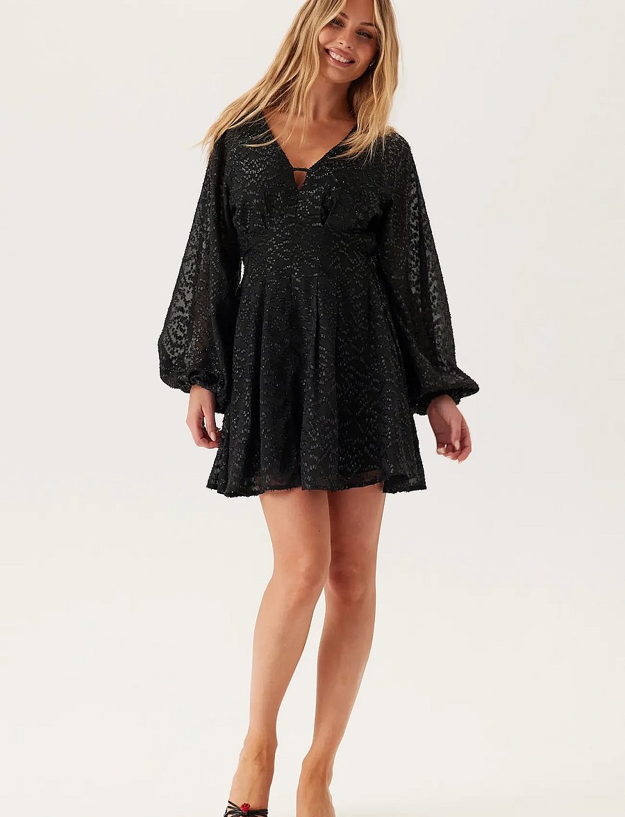 Bubbleroom - 3D Sparkling Raglan Sleeve Short Dress - black - 5