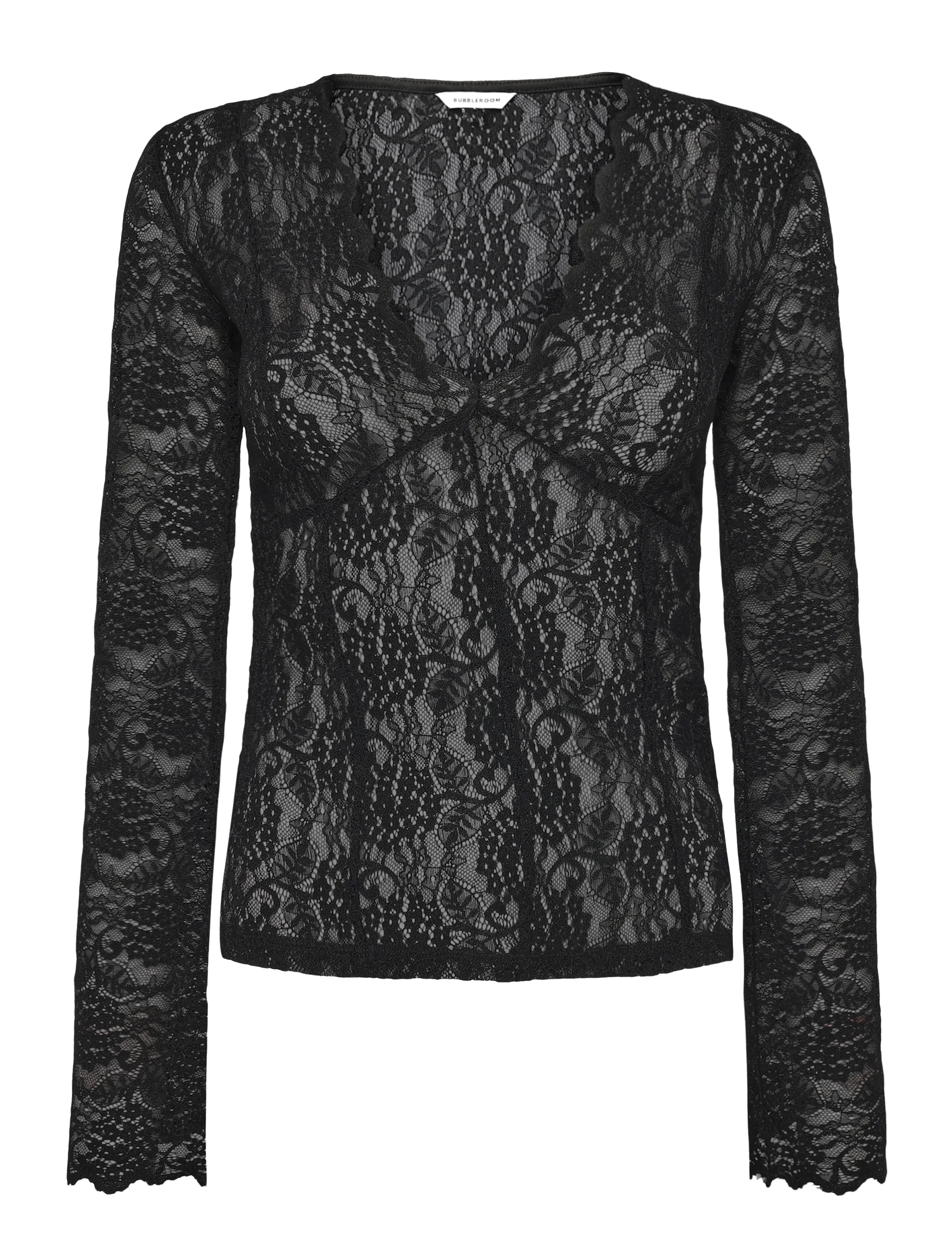 Bubbleroom - Long Sleeve Lace Top - langærmede bluser - black - 1