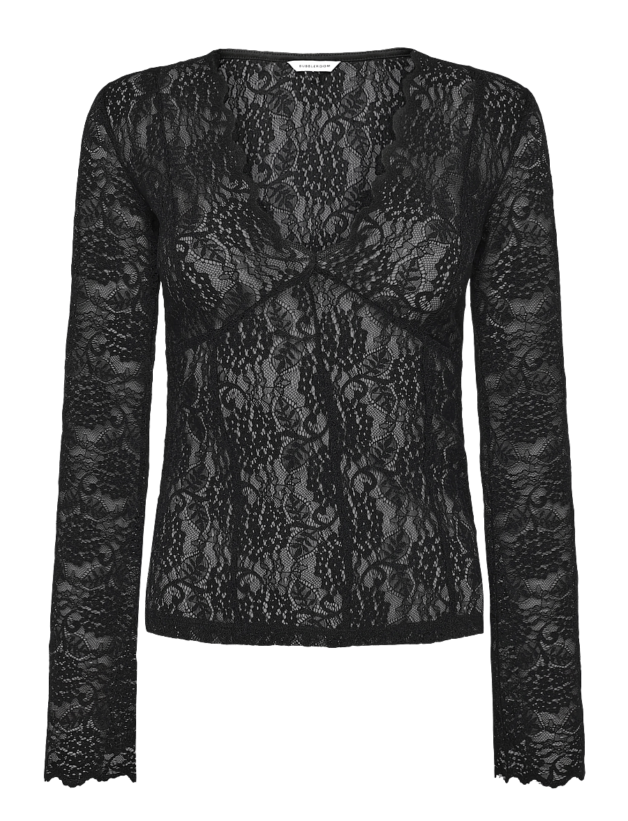 Bubbleroom - Long Sleeve Lace Top - langærmede bluser - black - 1
