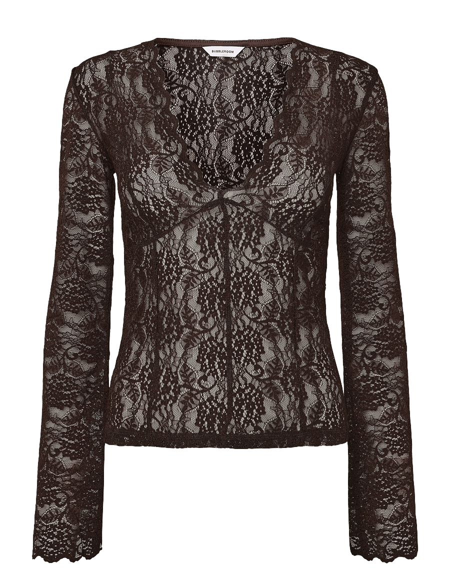 Bubbleroom - Long Sleeve Lace Top - langärmelige blusen - brown - 1