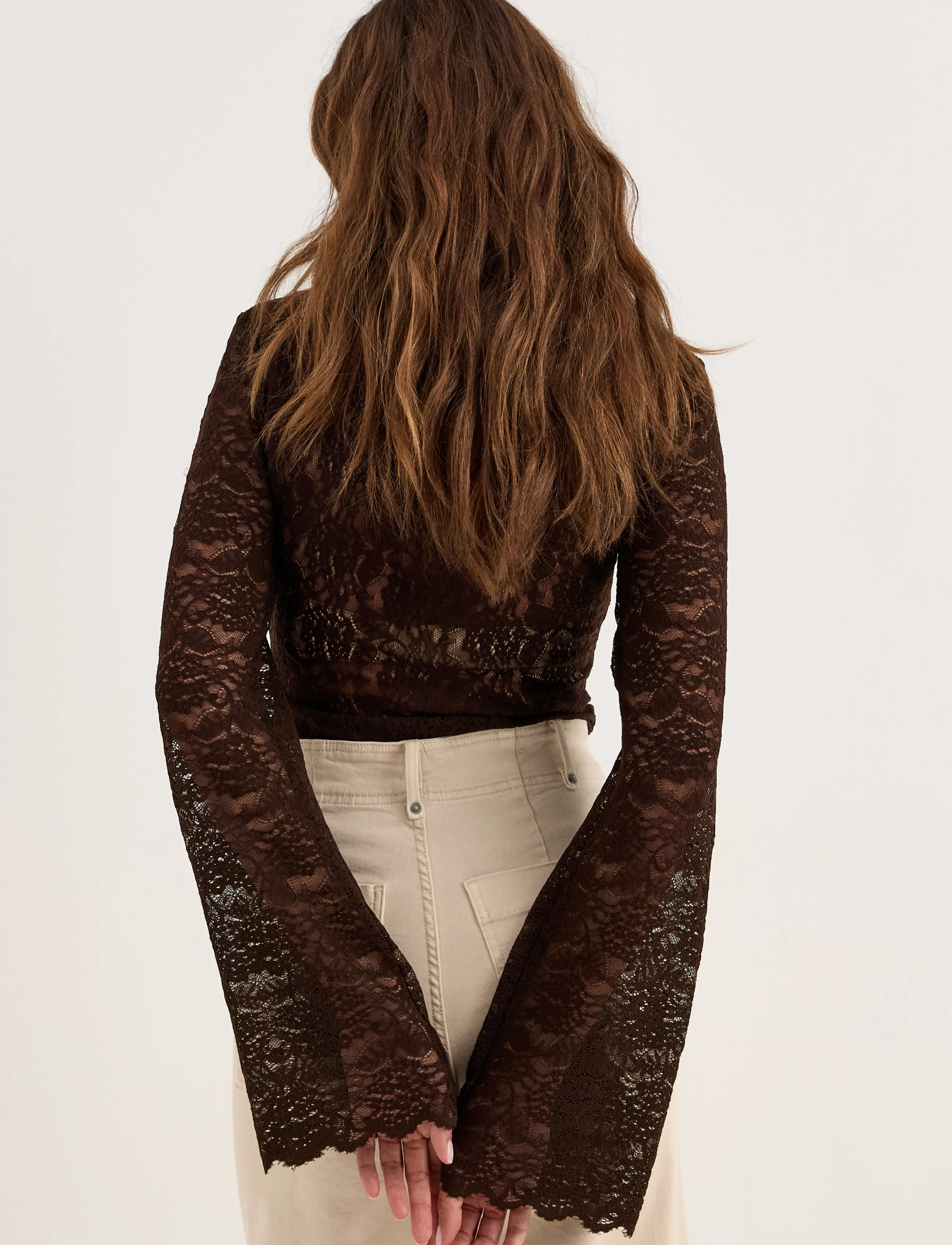 Bubbleroom - Long Sleeve Lace Top - langärmelige blusen - brown - 4