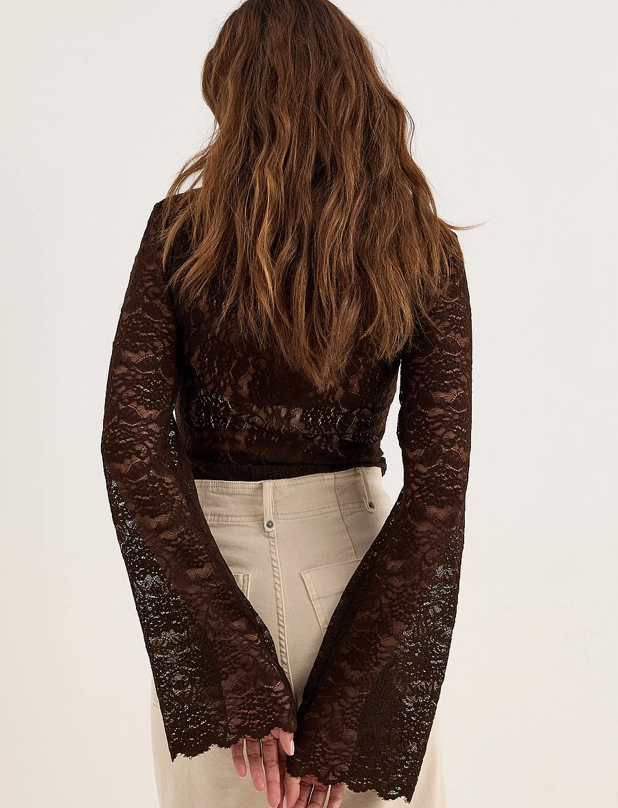 Bubbleroom - Long Sleeve Lace Top - langärmelige blusen - brown - 4
