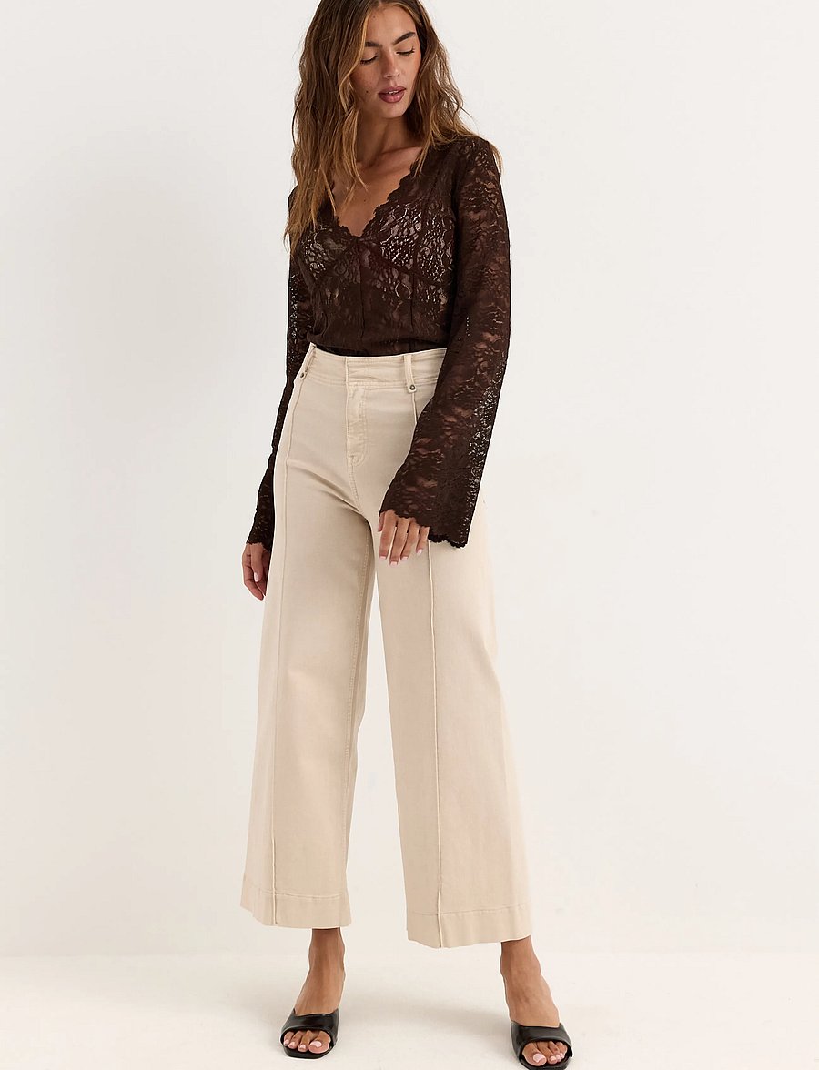 Bubbleroom - Long Sleeve Lace Top - langärmelige blusen - brown - 5