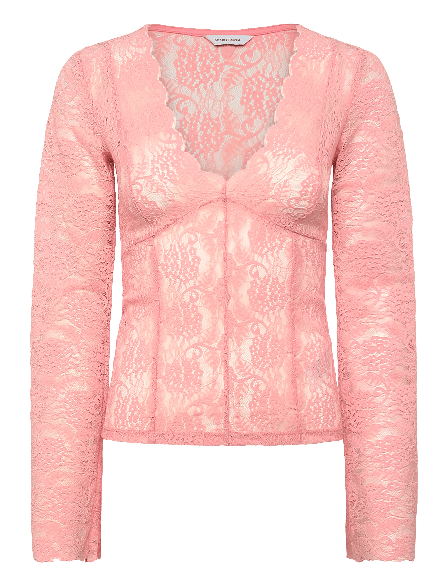 Bubbleroom - Long Sleeve Lace Top - långärmade blusar - light pink - 1