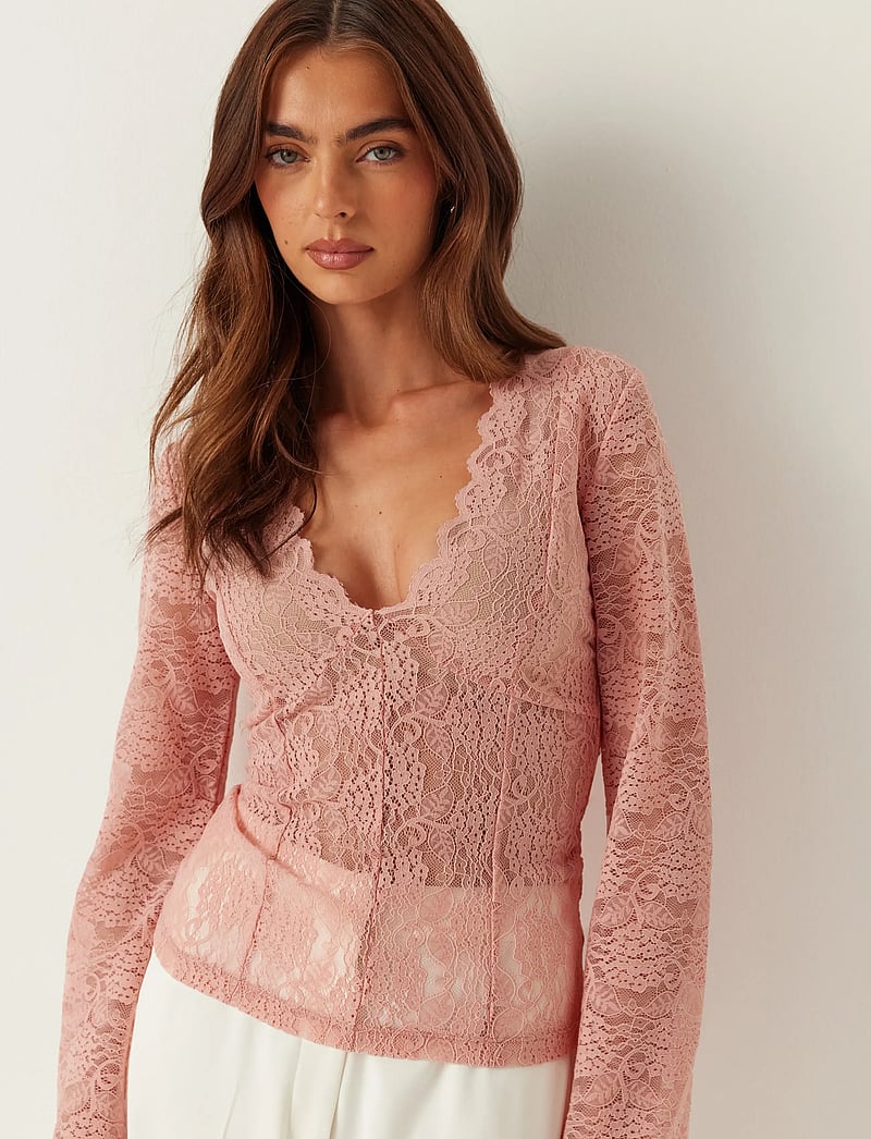 Bubbleroom - Long Sleeve Lace Top - langærmede bluser - light pink - 5