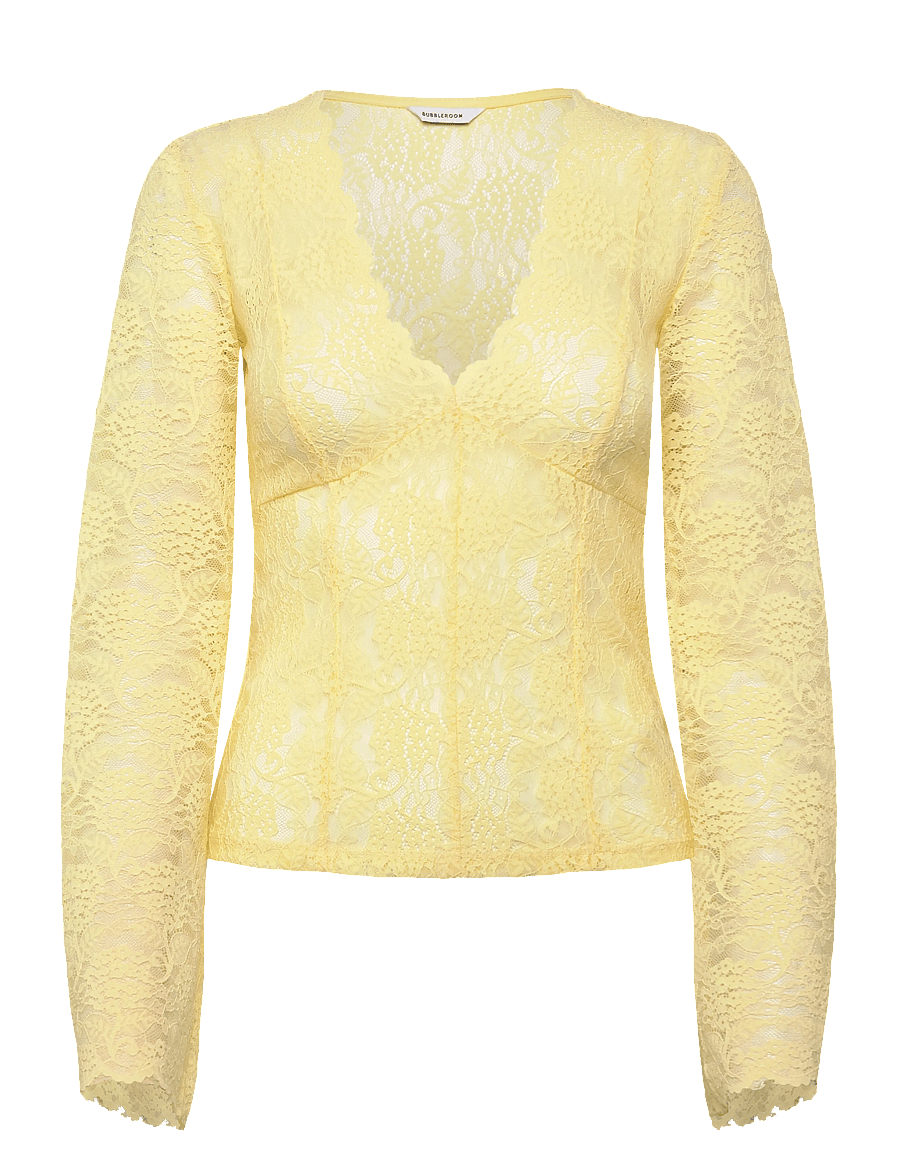Bubbleroom - Long Sleeve Lace Top - pitkähihaiset puserot - light yellow - 1