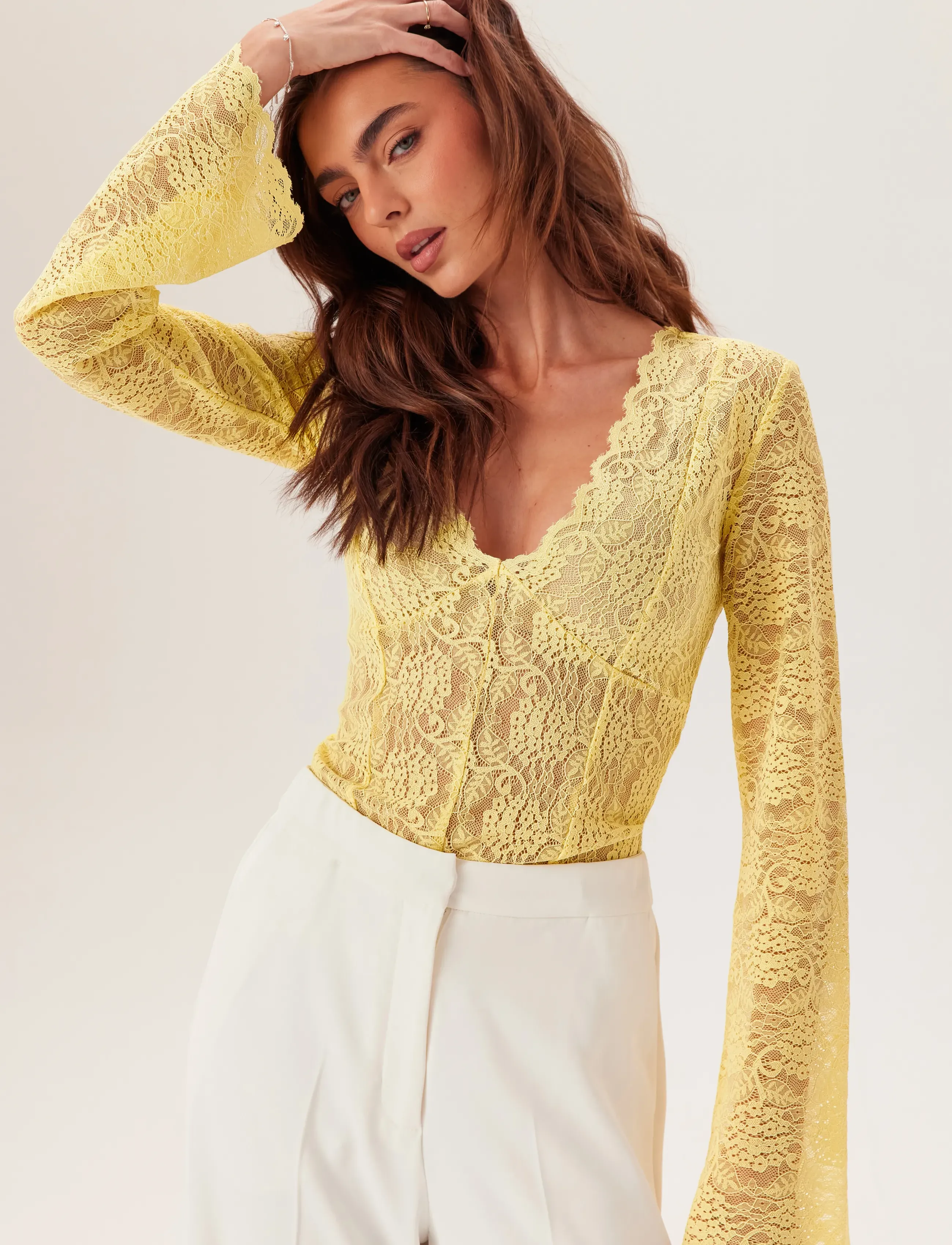 Bubbleroom - Long Sleeve Lace Top - long sleeved blouses - light yellow - 3