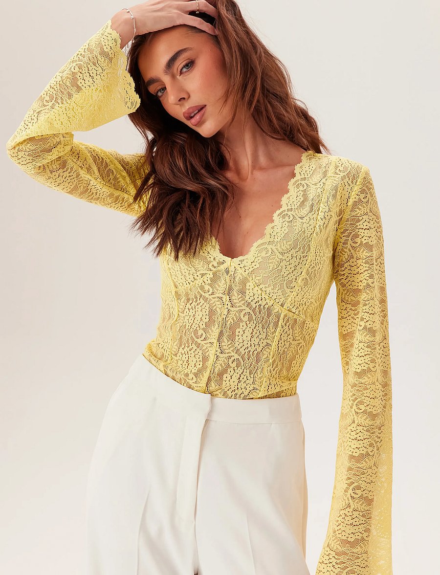 Bubbleroom - Long Sleeve Lace Top - pitkähihaiset puserot - light yellow - 3