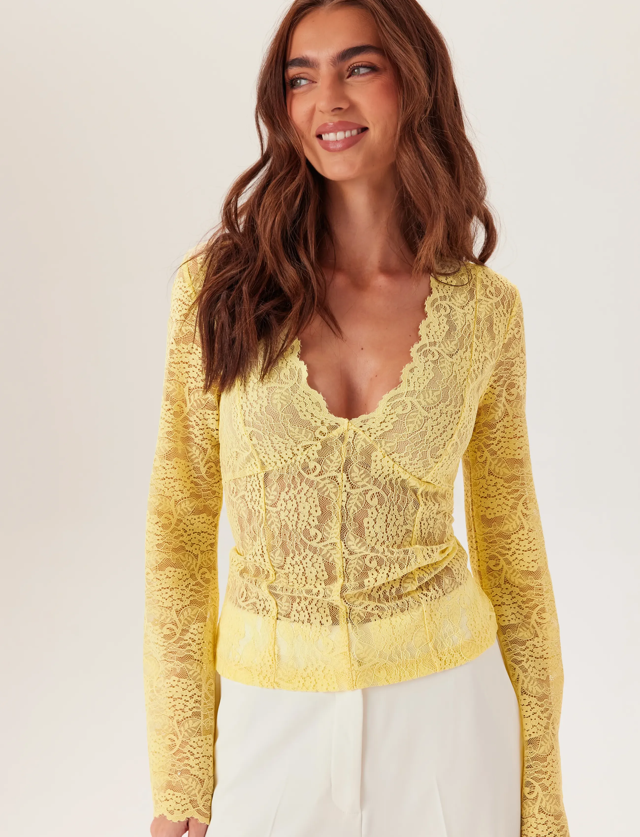 Bubbleroom - Long Sleeve Lace Top - long sleeved blouses - light yellow - 5