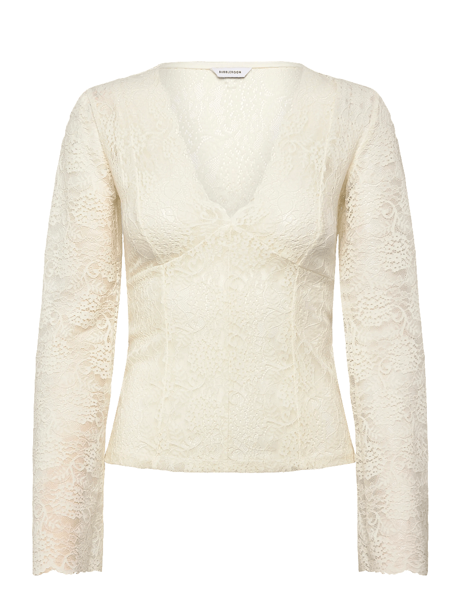 Bubbleroom - Long Sleeve Lace Top - långärmade blusar - offwhite - 1