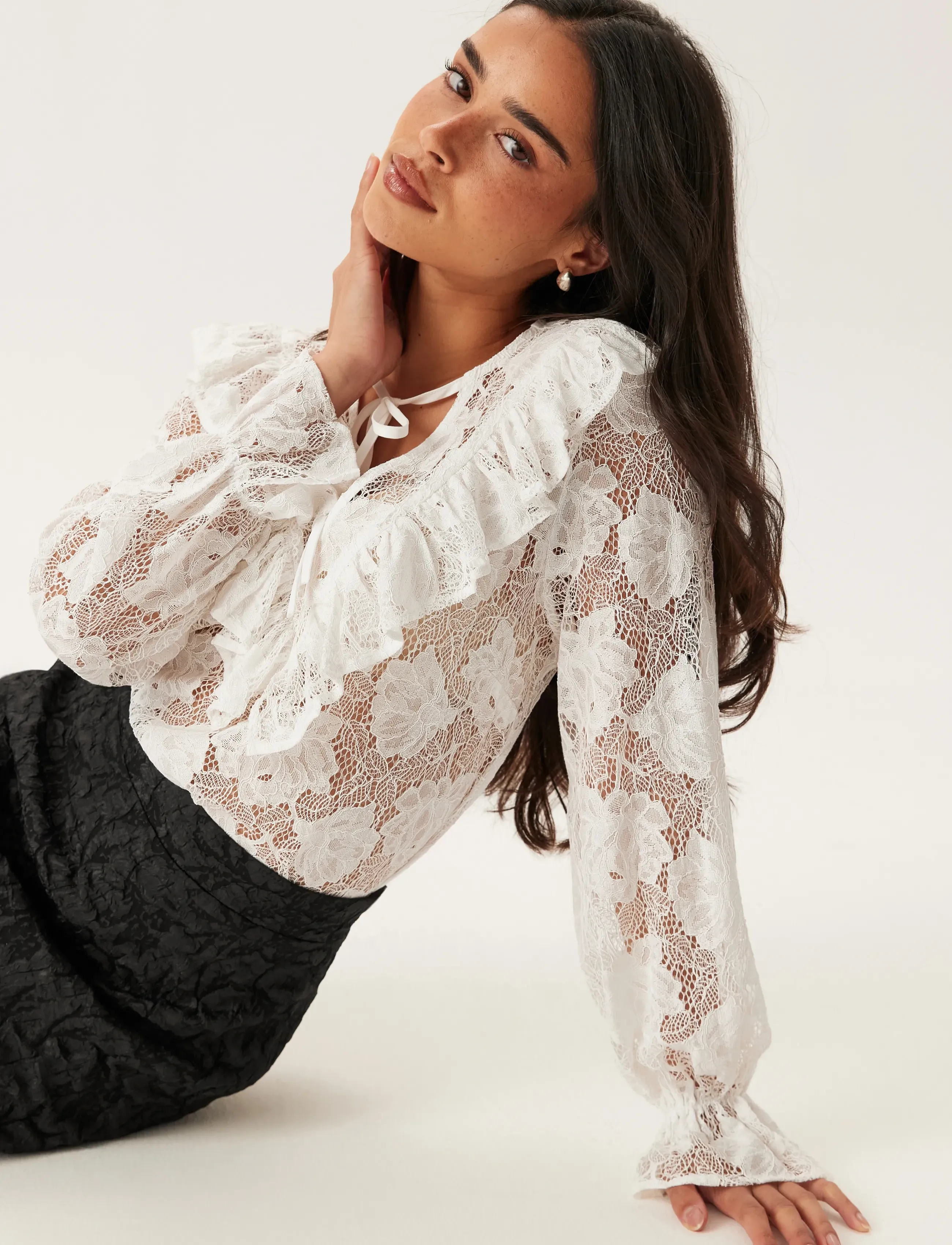 Bubbleroom Lace L/S Blouse - Blouses & Shirts - OFFWHITE / white