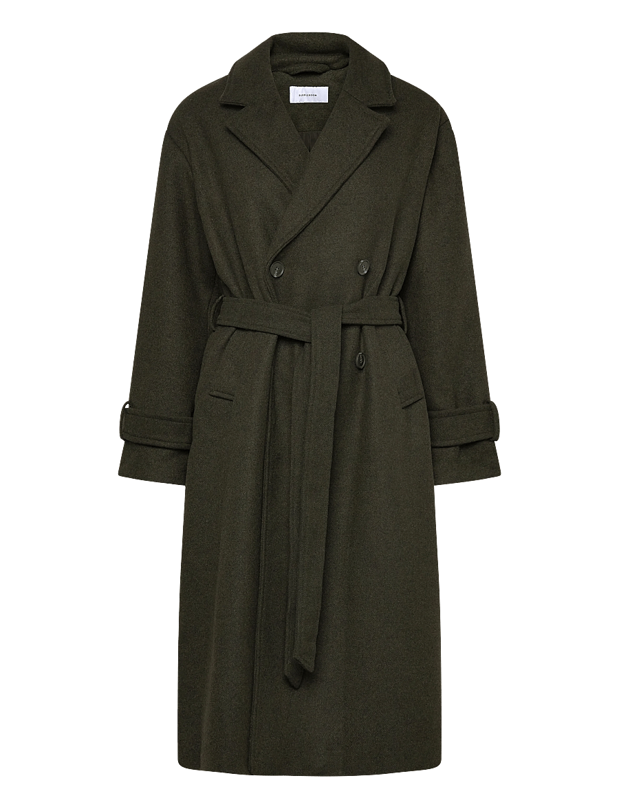 Bubbleroom - Belted Wool Blen Coat - dark green - 1