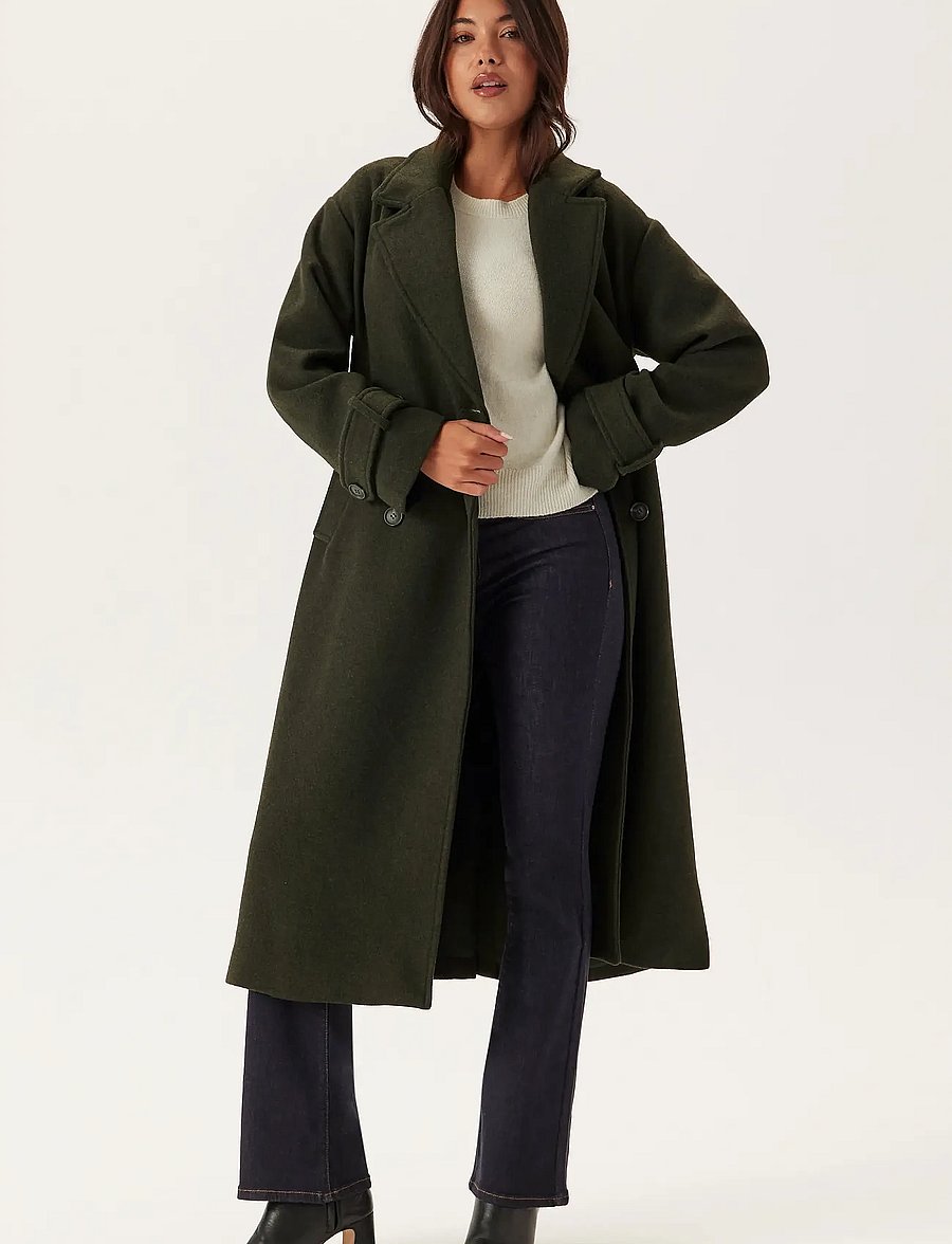 Bubbleroom - Belted Wool Blen Coat - dark green - 0