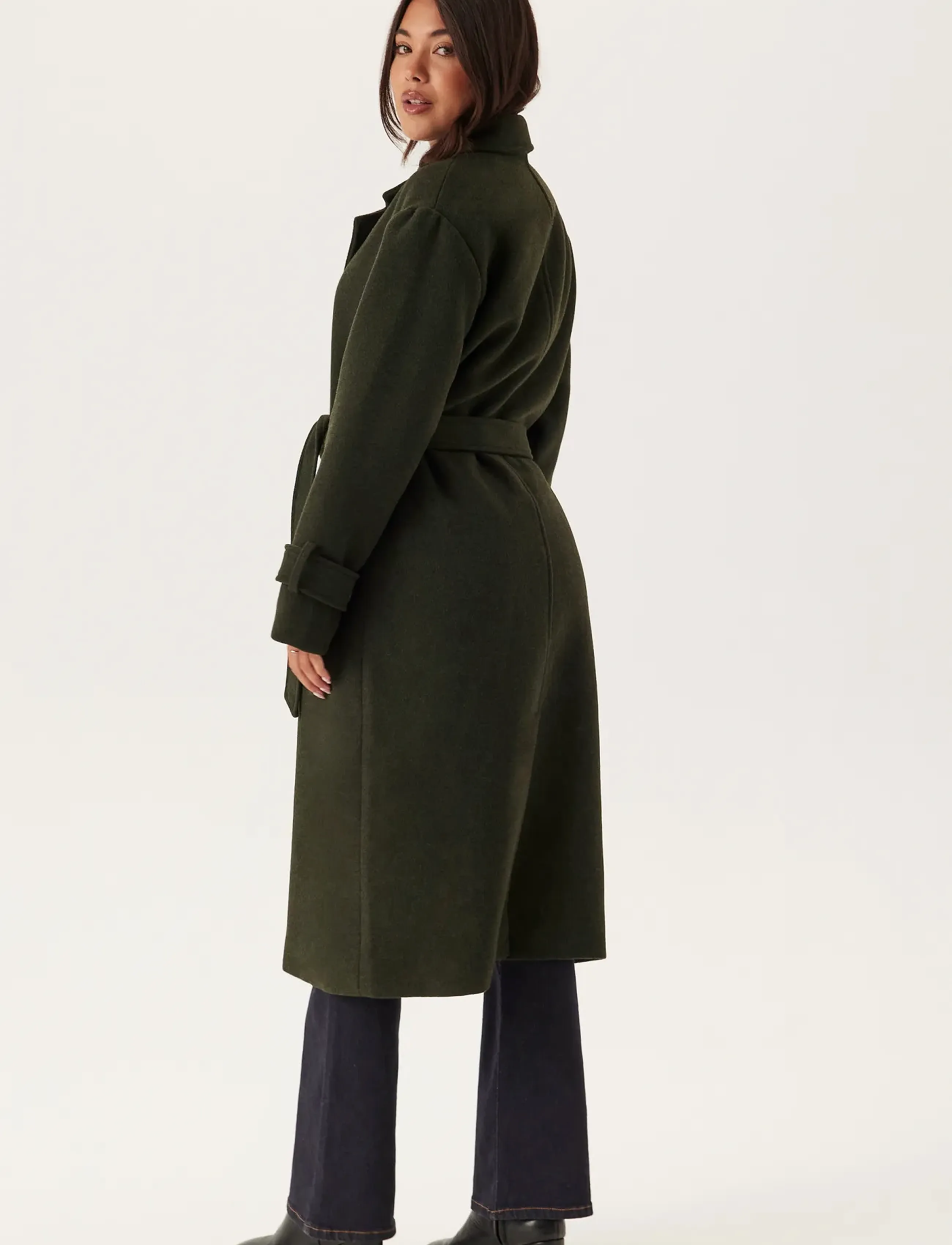 Bubbleroom - Belted Wool Blen Coat - dark green - 4