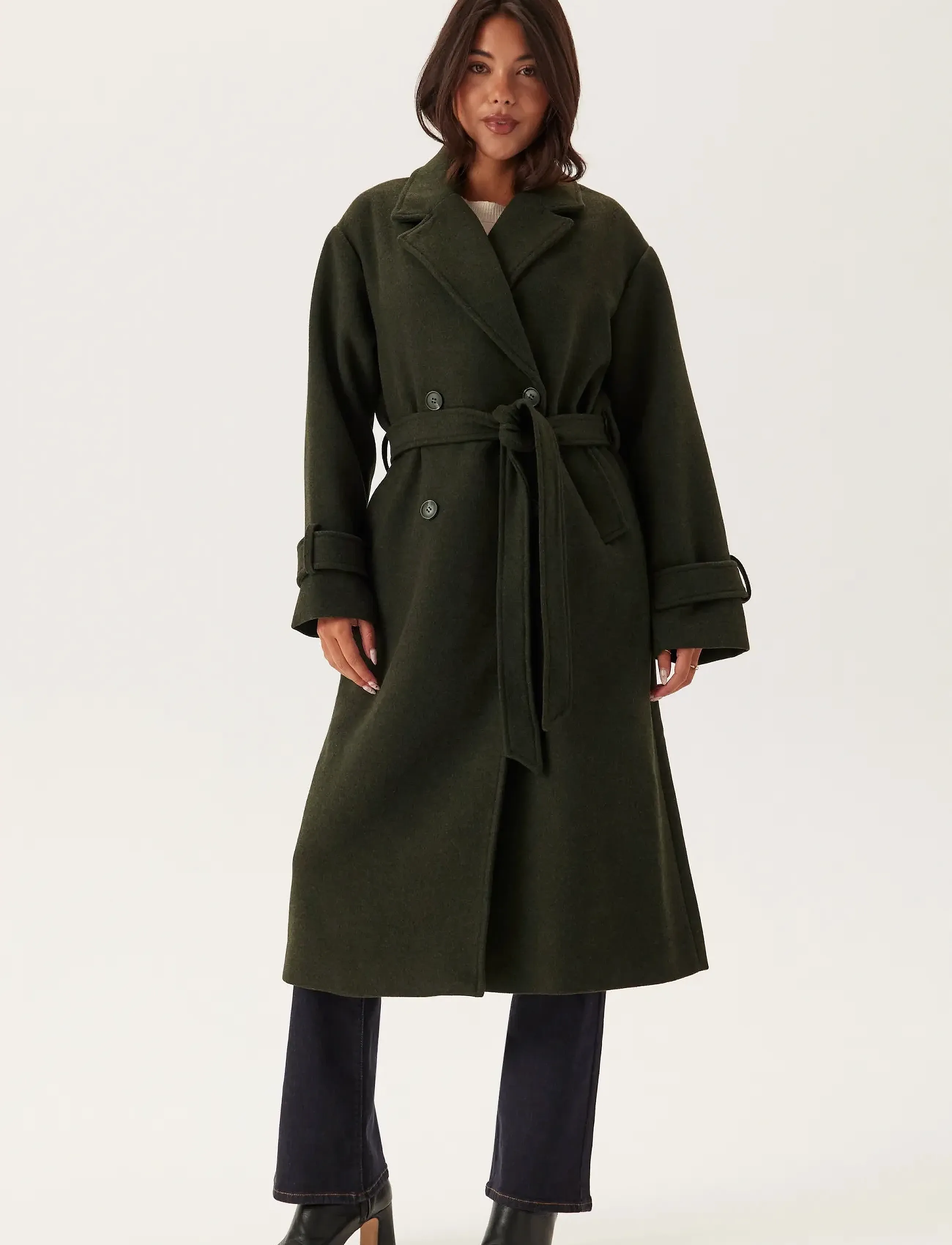 Bubbleroom - Belted Wool Blen Coat - dark green - 5