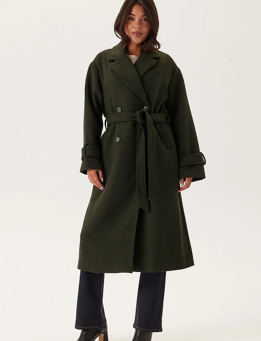 Bubbleroom - Belted Wool Blen Coat - dark green - 5