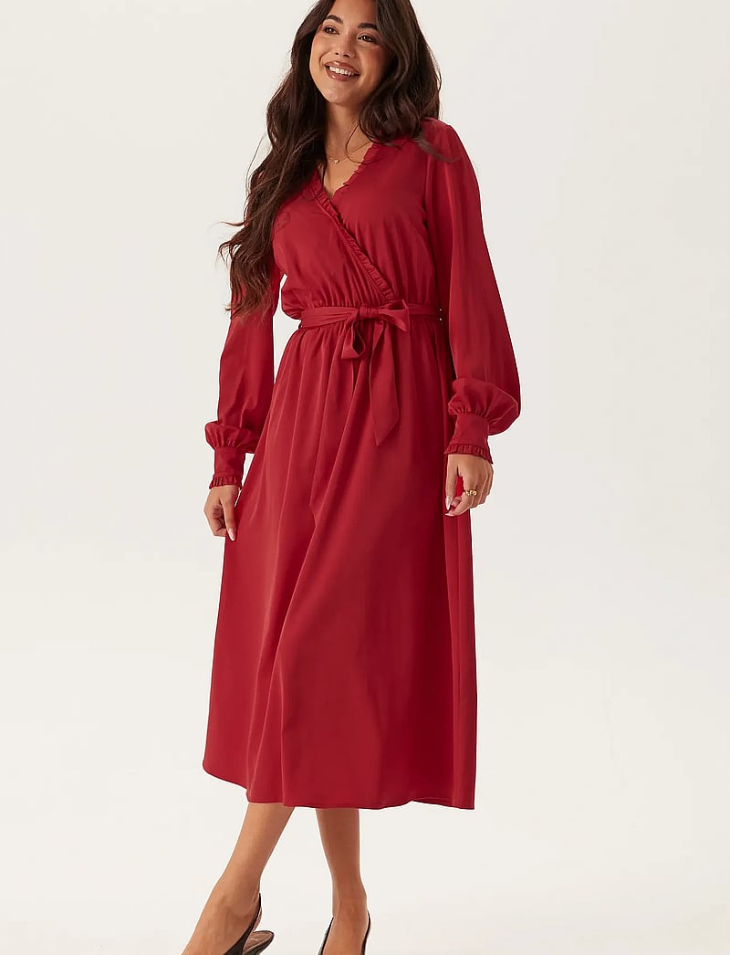 Bubbleroom - Frill Wrap Dress - festklänningar - dark red - 0