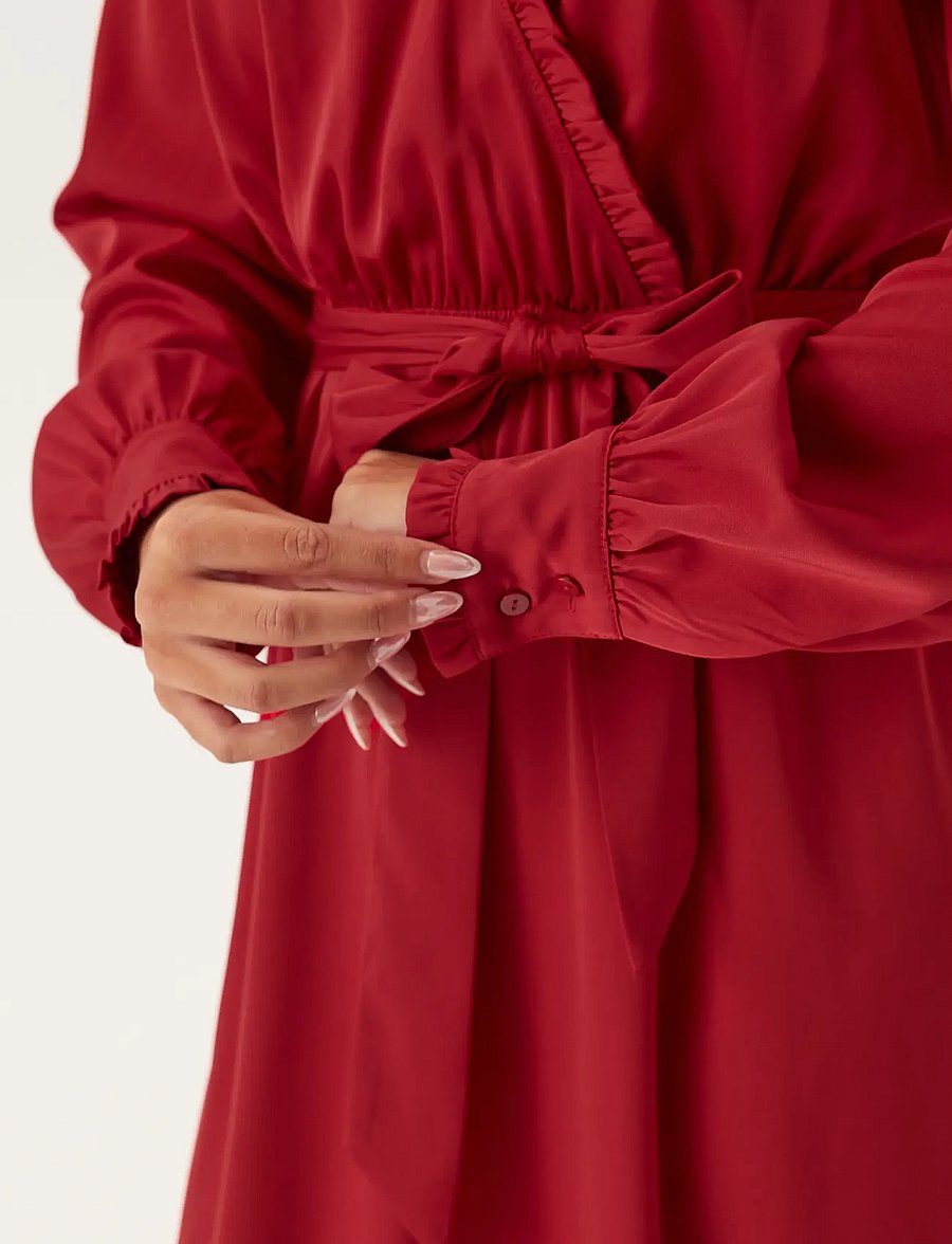 Bubbleroom - Frill Wrap Dress - juhlamekot - dark red - 5