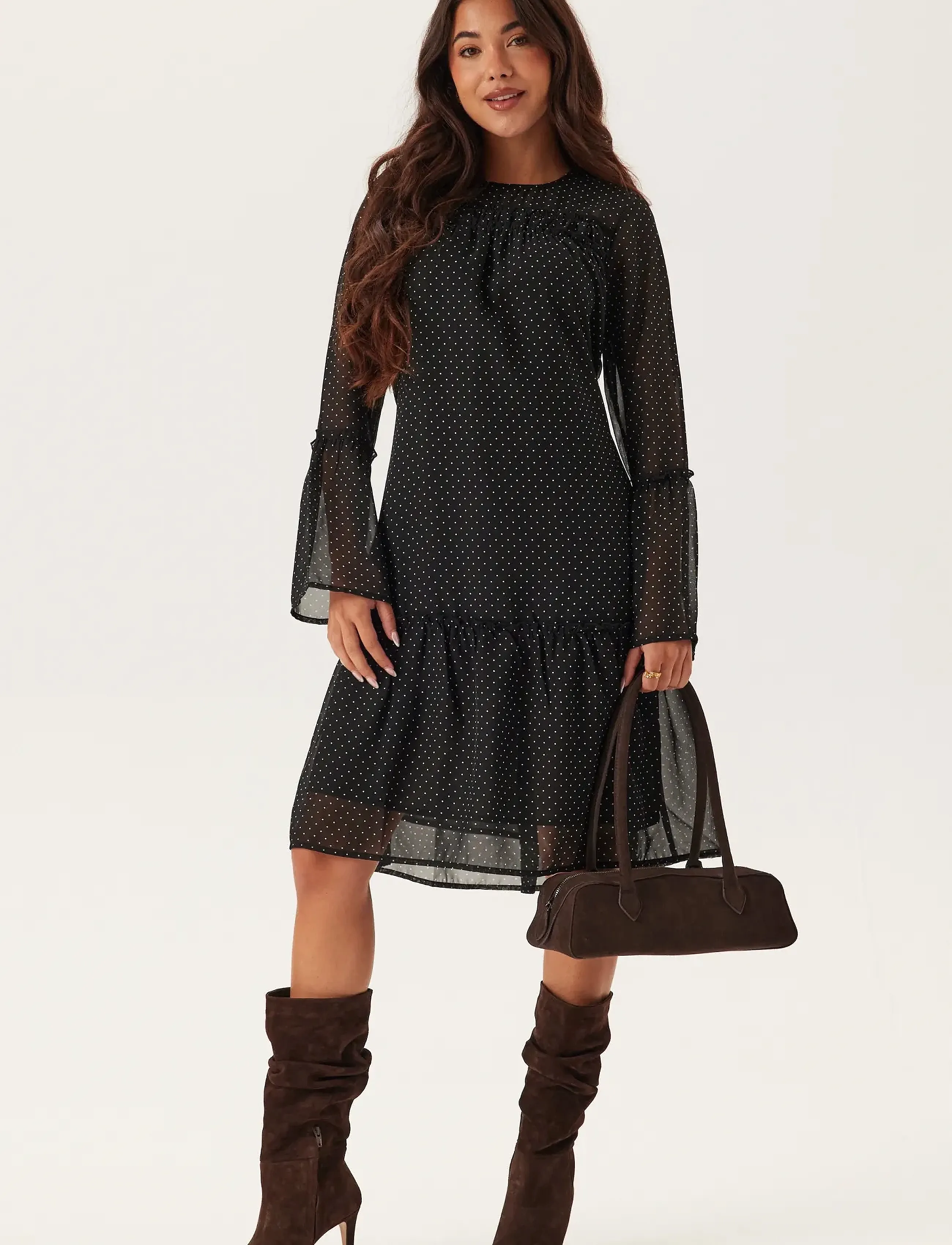 Bubbleroom Flounce Sleeve Dress, Kvinder, Prikket Flæse Kjole, Sort, Str: 32-34
