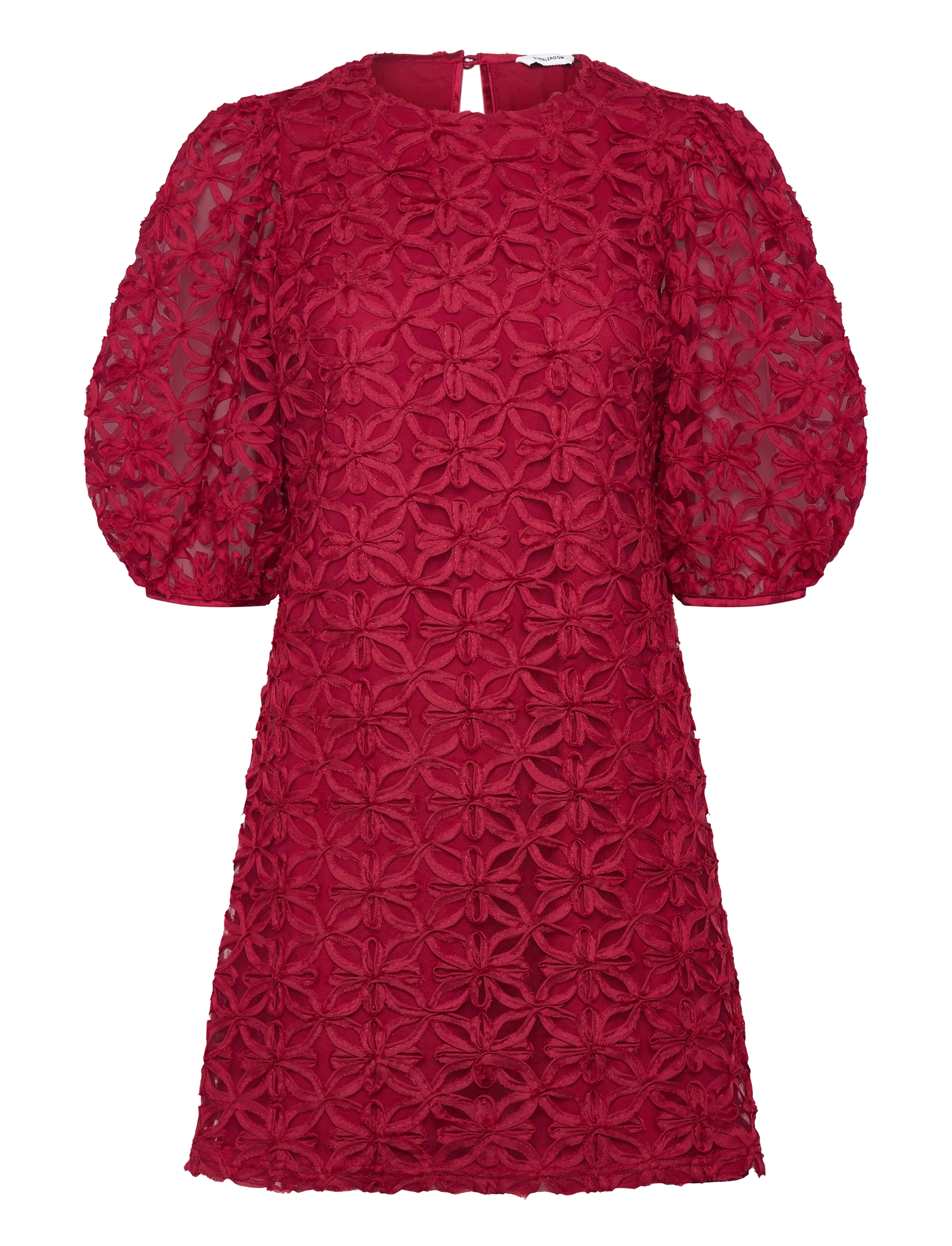 3D Flower Puff Sleeve Dress - DARK RED