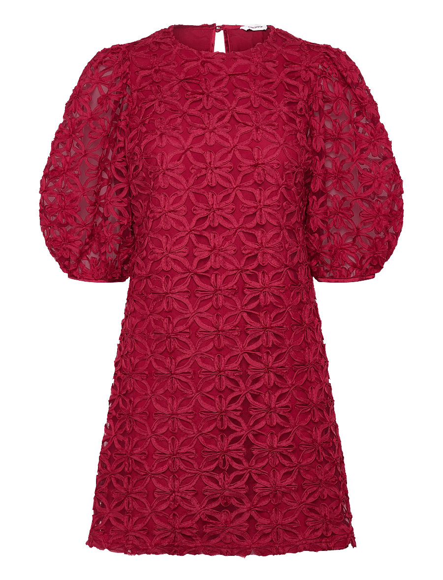 Bubbleroom - 3D Flower Puff Sleeve Dress - dark red - 1