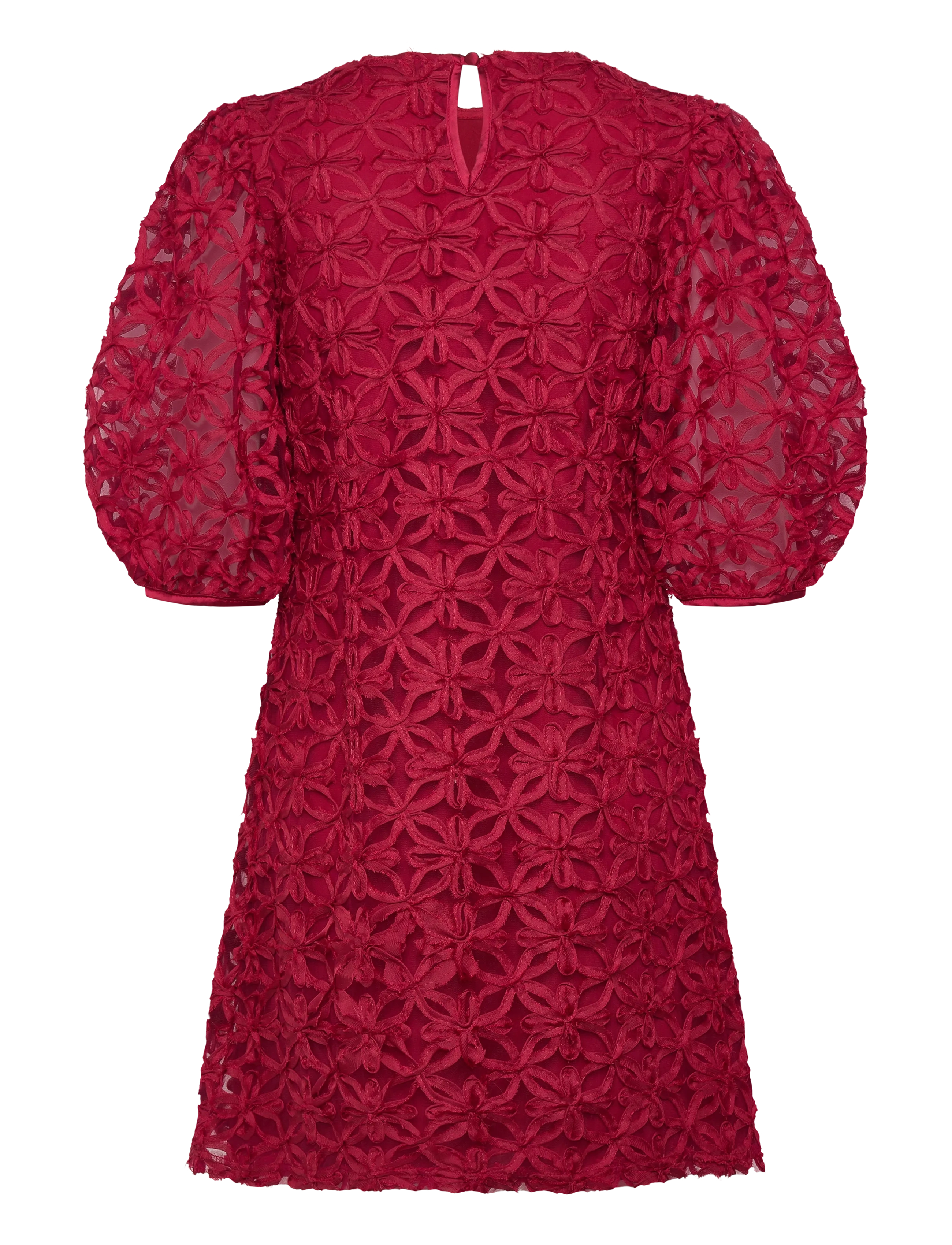 Bubbleroom - 3D Flower Puff Sleeve Dress - dark red - 2