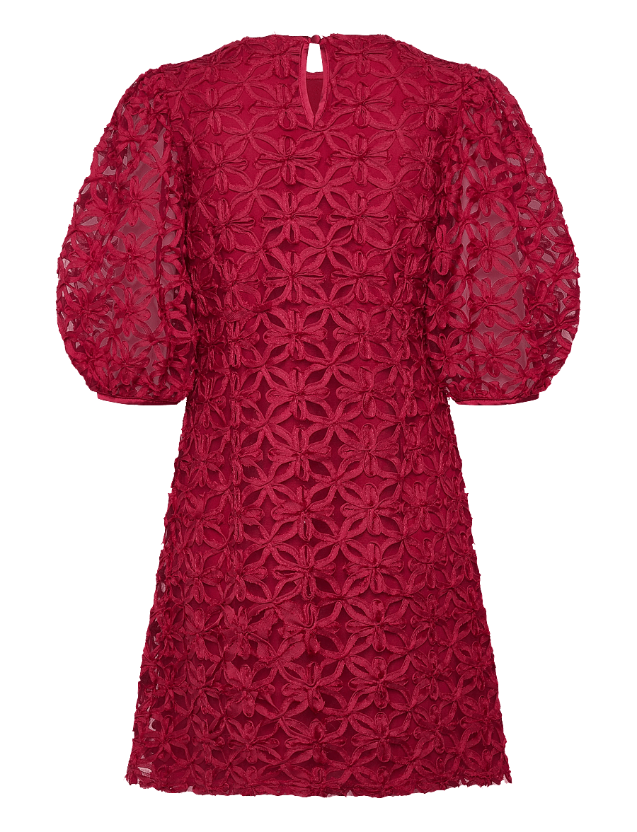 Bubbleroom - 3D Flower Puff Sleeve Dress - dark red - 2