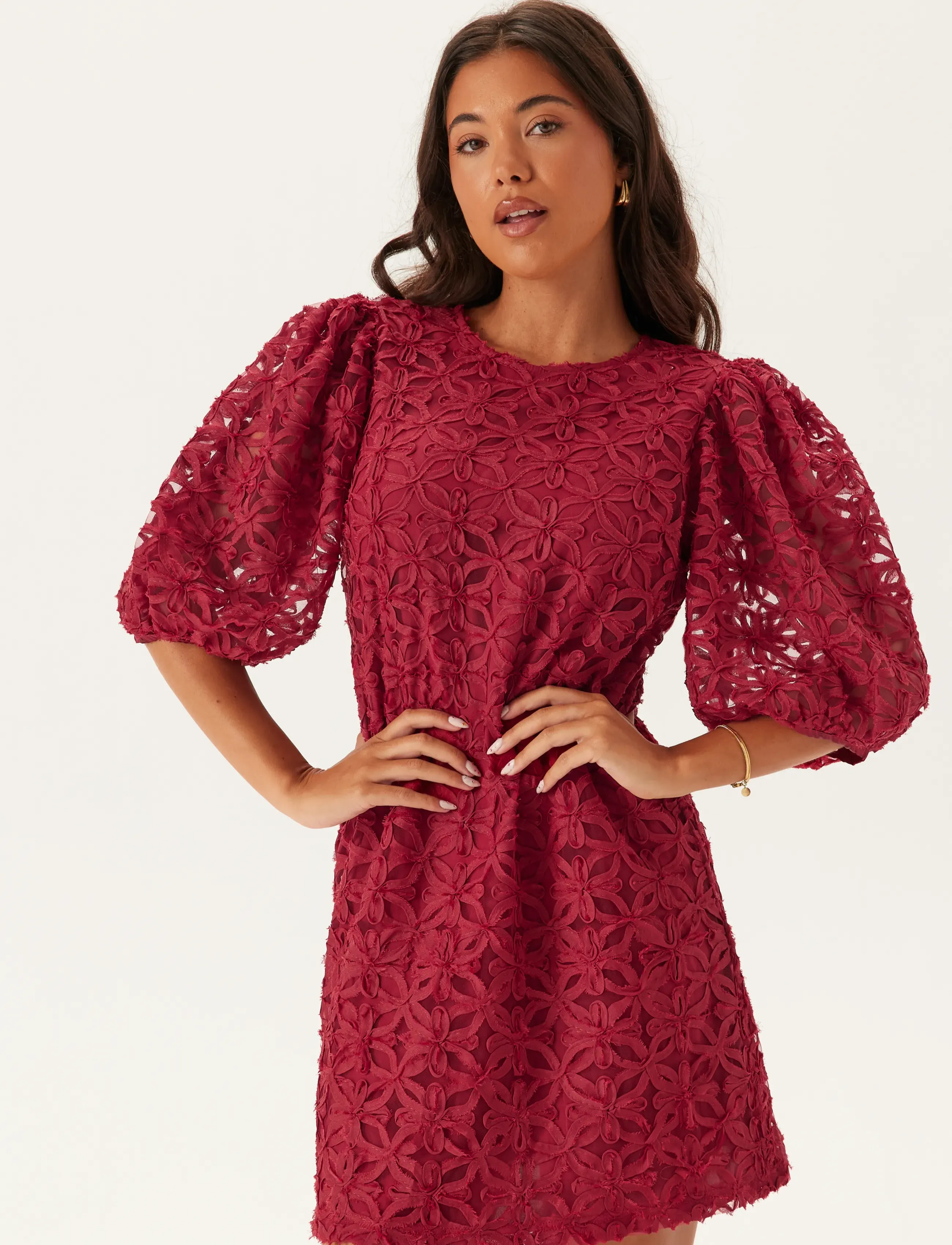 Bubbleroom - 3D Flower Puff Sleeve Dress - dark red - 3