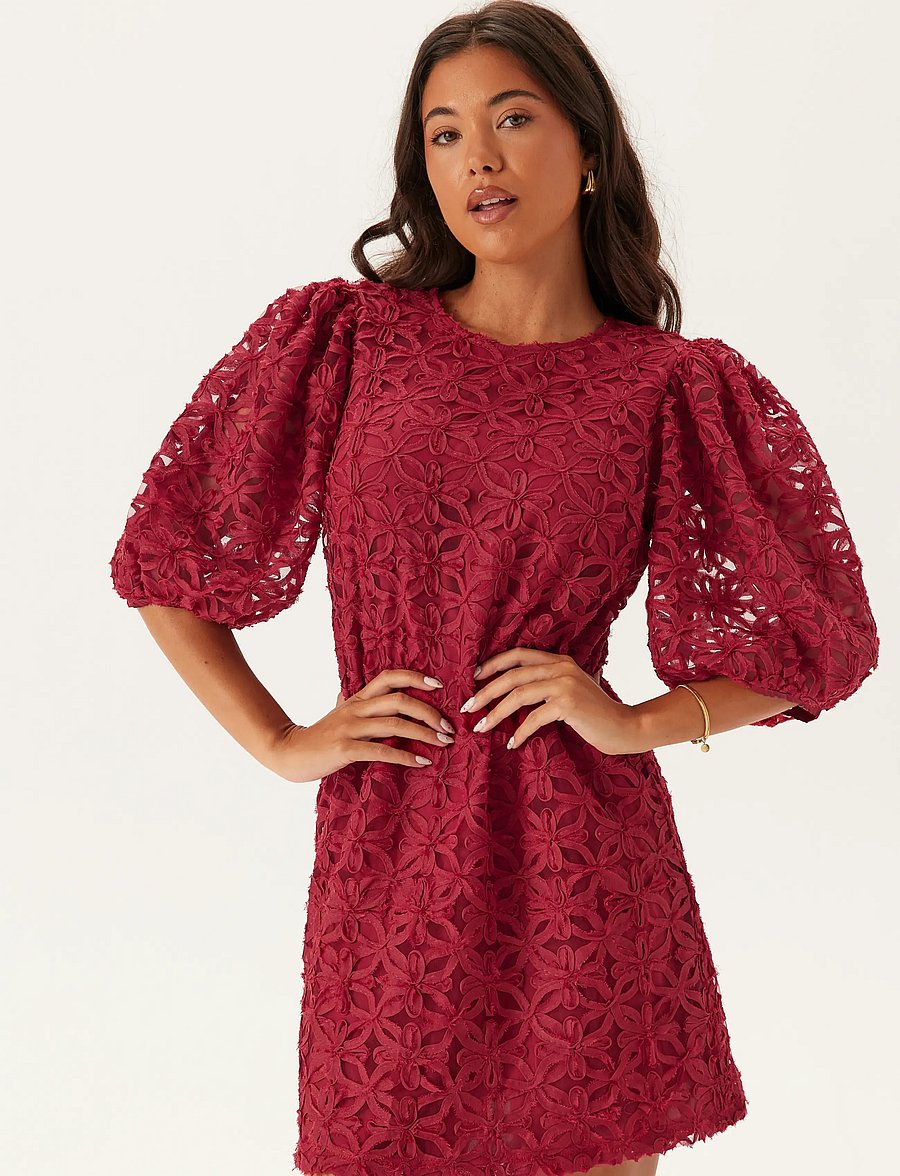 Bubbleroom - 3D Flower Puff Sleeve Dress - dark red - 3