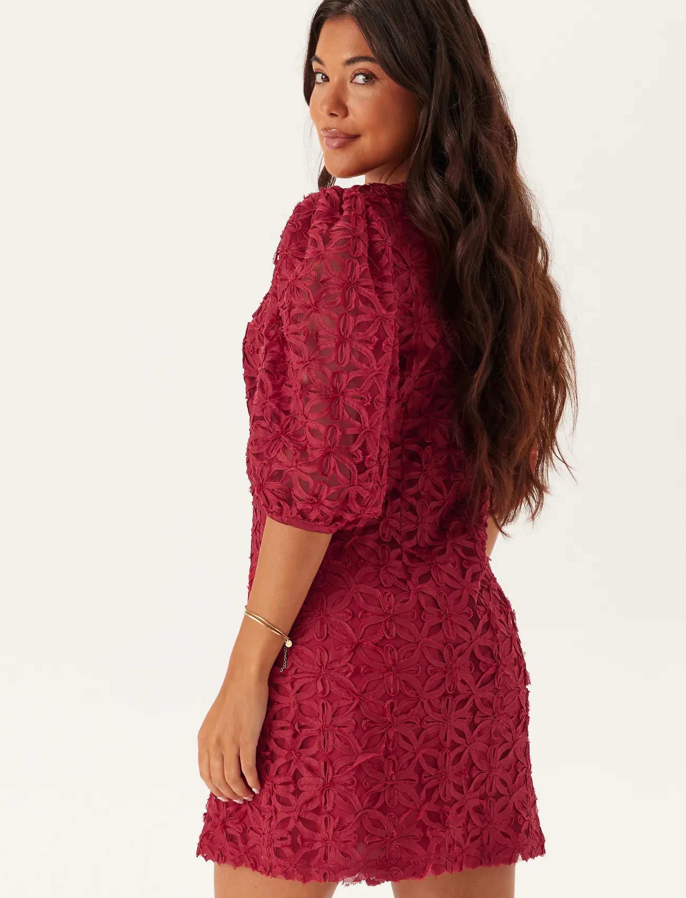 Bubbleroom - 3D Flower Puff Sleeve Dress - dark red - 5