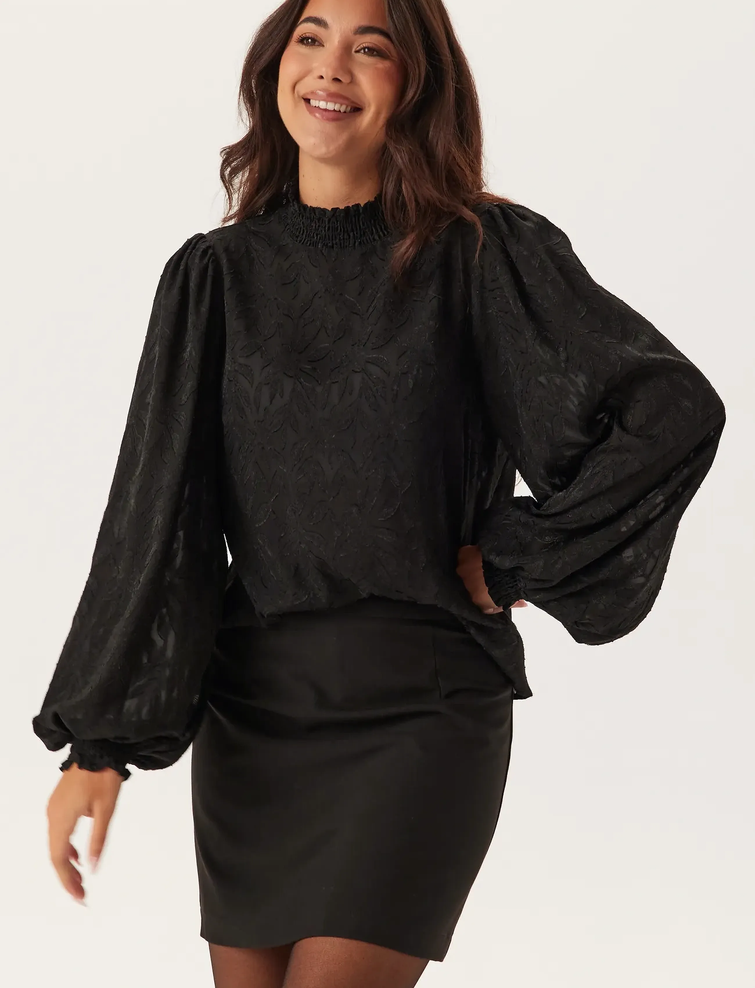 Bubbleroom Jacquard Smock Blouse, 32-34, Black, Bluser > Langærmede, Dame