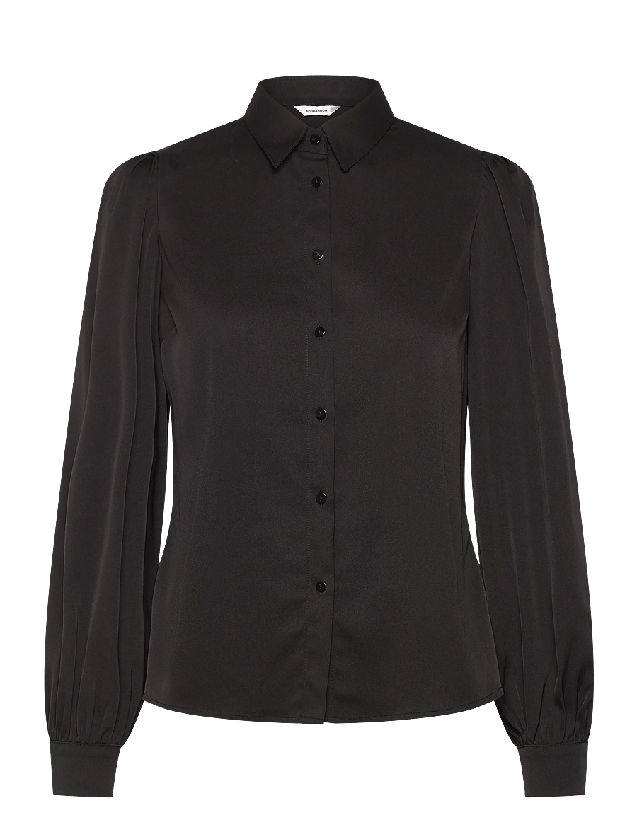 Bubbleroom - Puff Sleeve Satin Shirt - langærmede skjorter - black - 1
