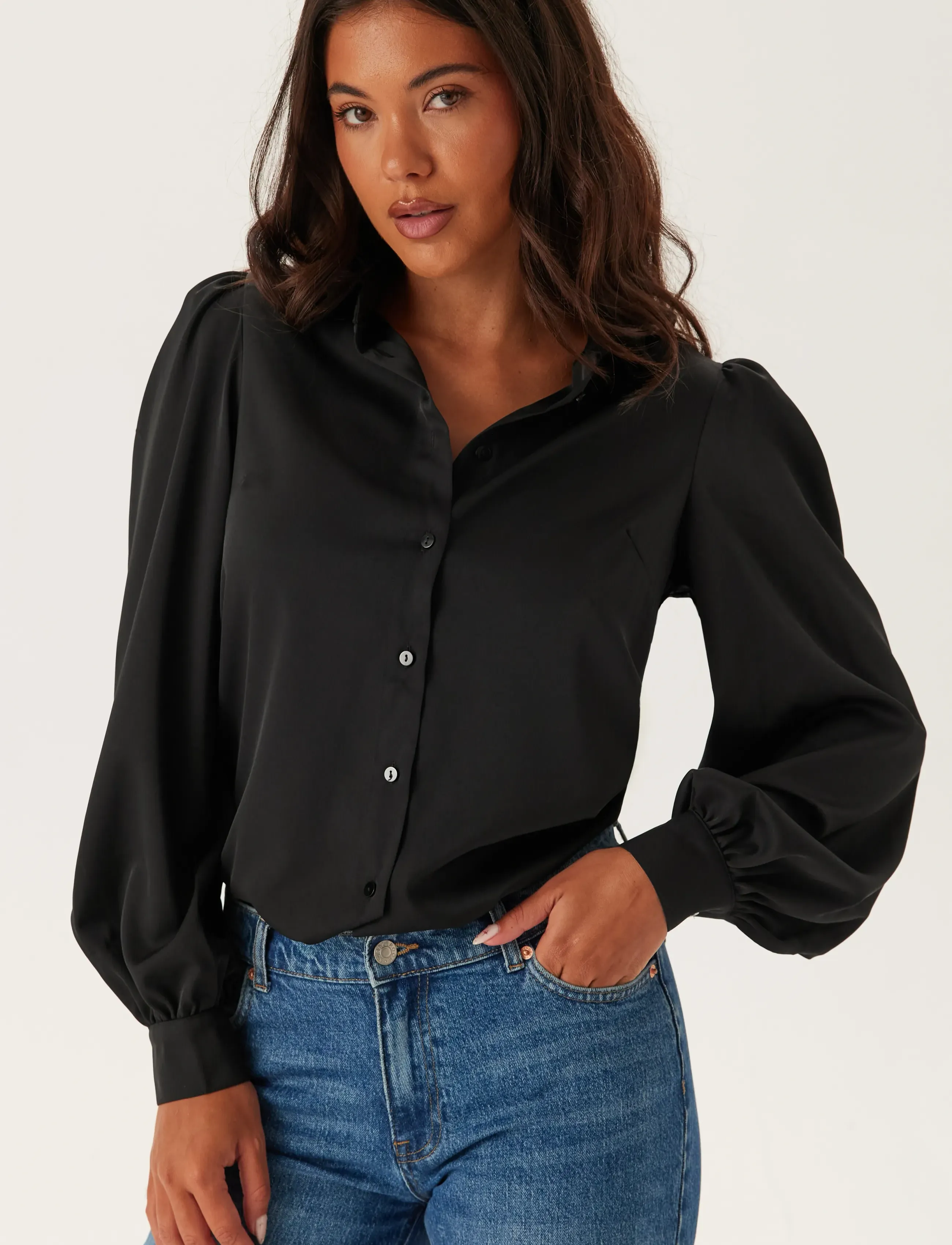 Bubbleroom - Puff Sleeve Satin Shirt - black - 3