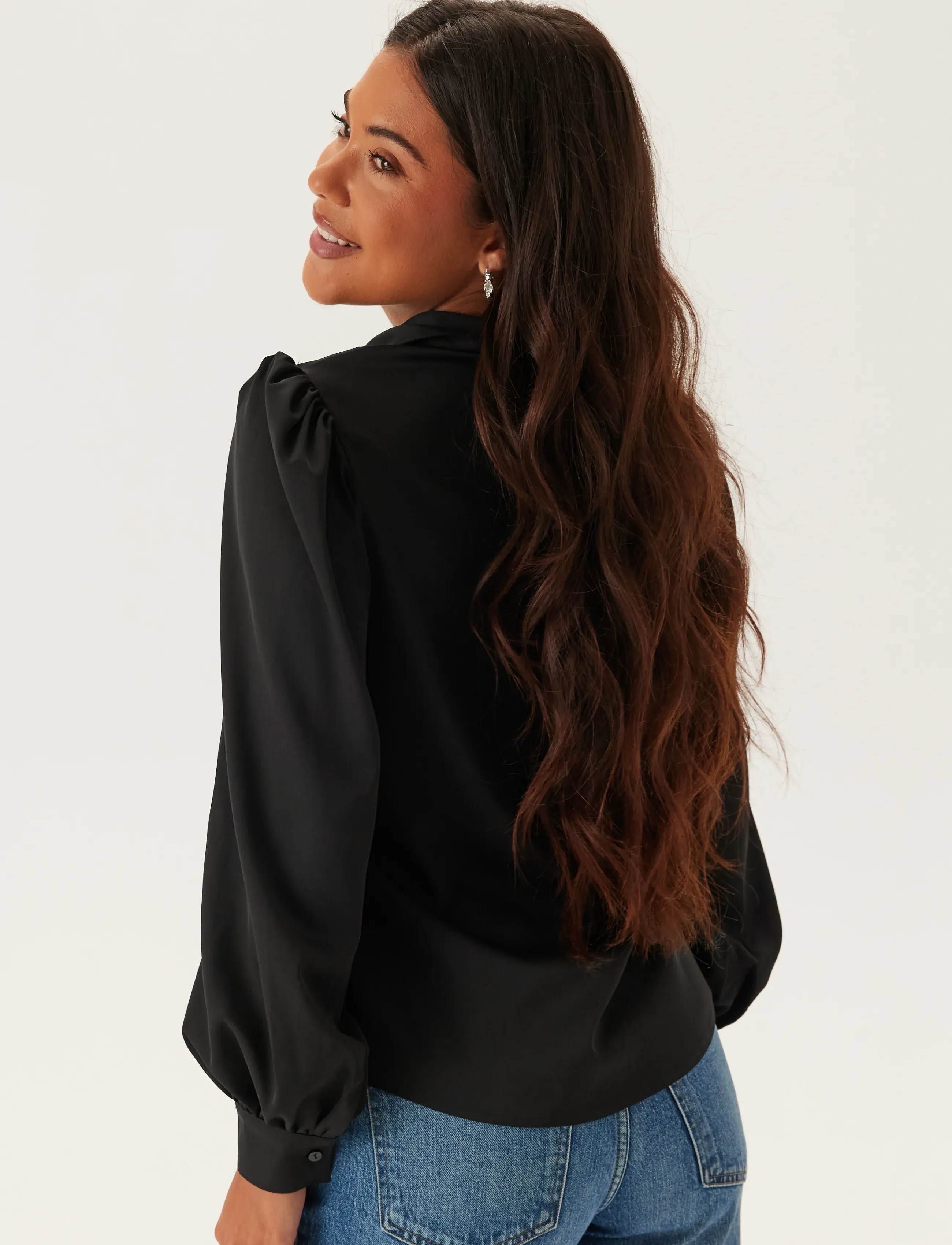 Bubbleroom - Puff Sleeve Satin Shirt - black - 4