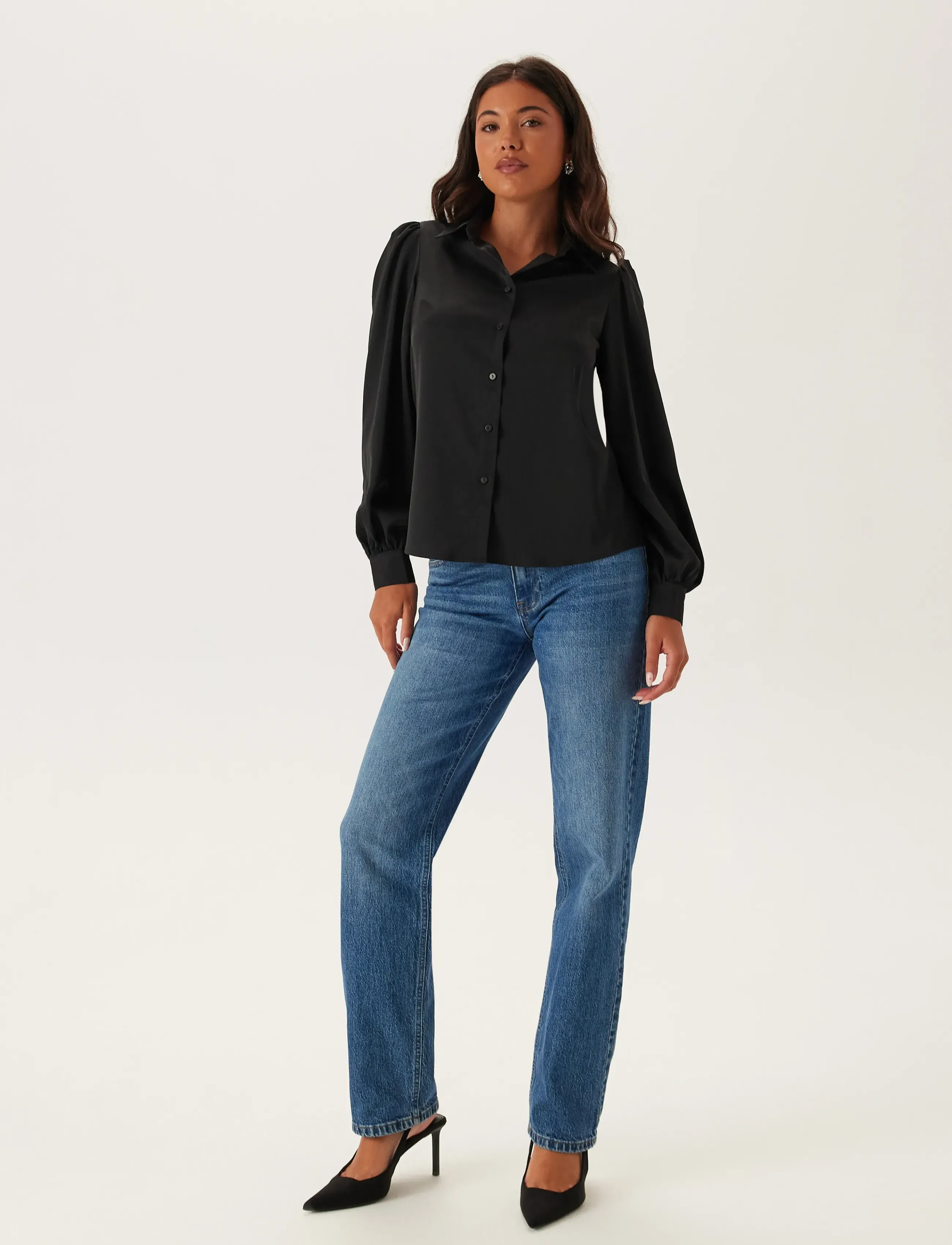 Bubbleroom - Puff Sleeve Satin Shirt - black - 5
