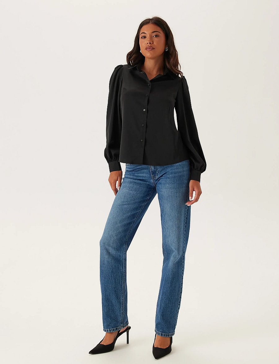 Bubbleroom - Puff Sleeve Satin Shirt - langærmede skjorter - black - 5