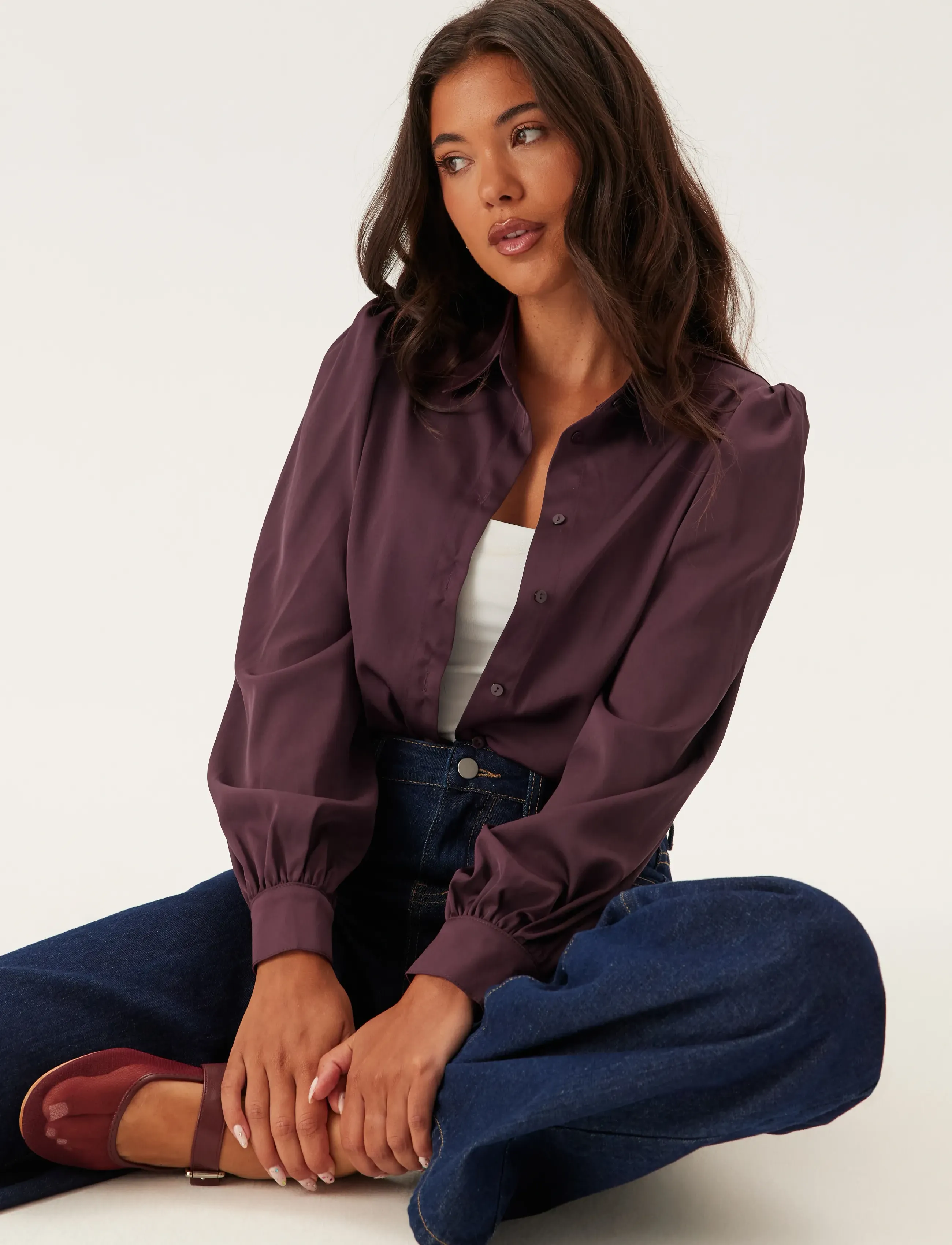 Bubbleroom Puff Sleeve Satin Shirt - Blouses & Shirts - BURGUNDY / burgundy