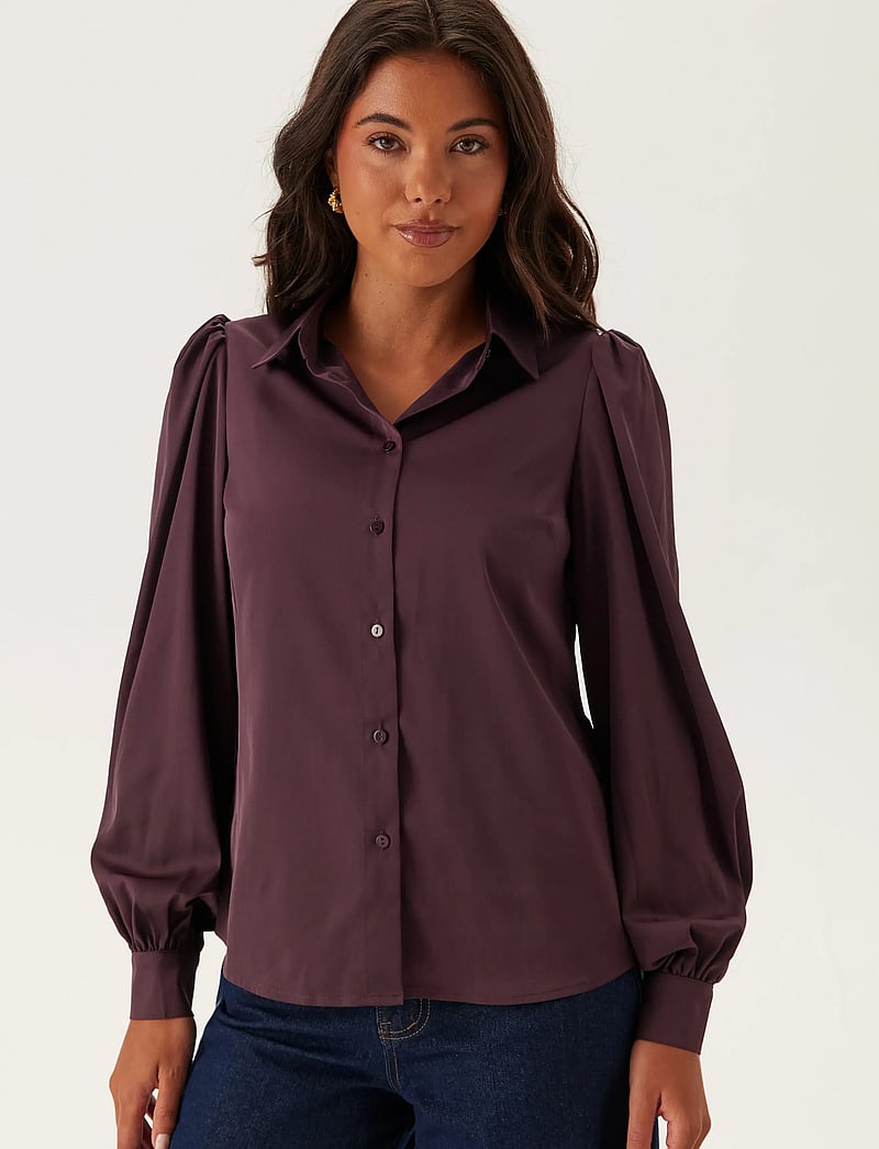 Bubbleroom - Puff Sleeve Satin Shirt - långärmade skjortor - burgundy - 3