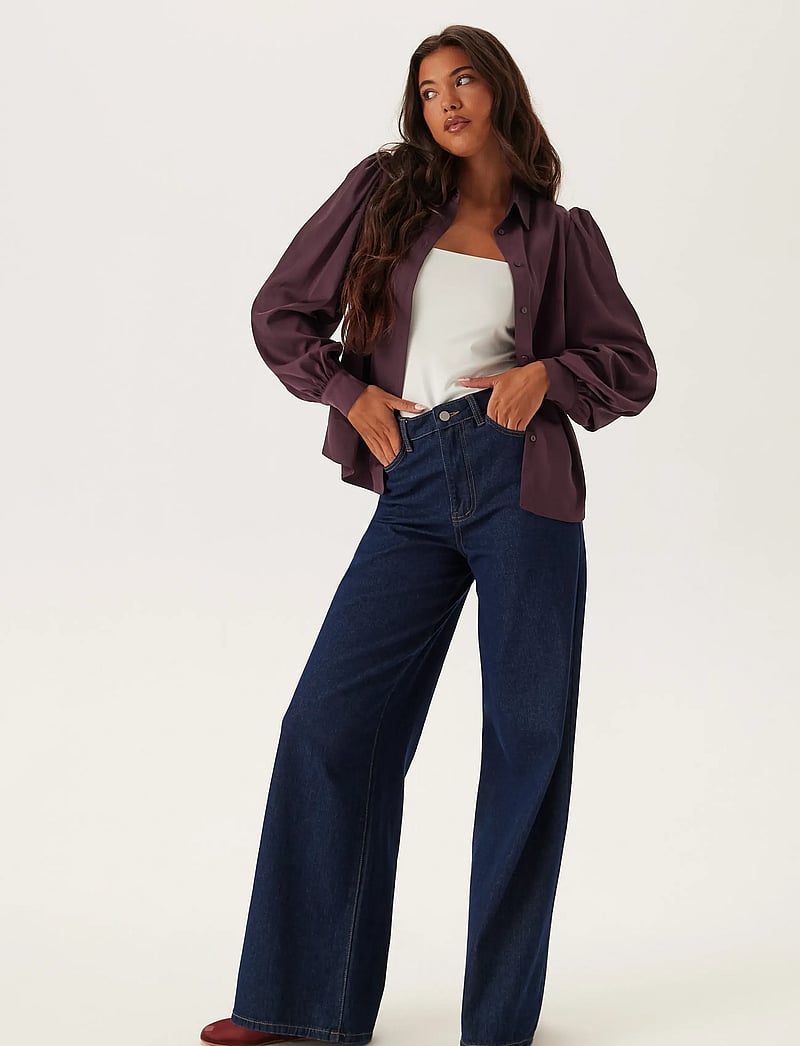 Bubbleroom - Puff Sleeve Satin Shirt - långärmade skjortor - burgundy - 5