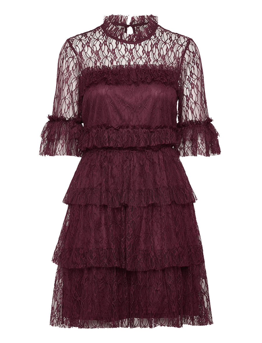Bubbleroom - Frill Lace Dress - burgundy - 1